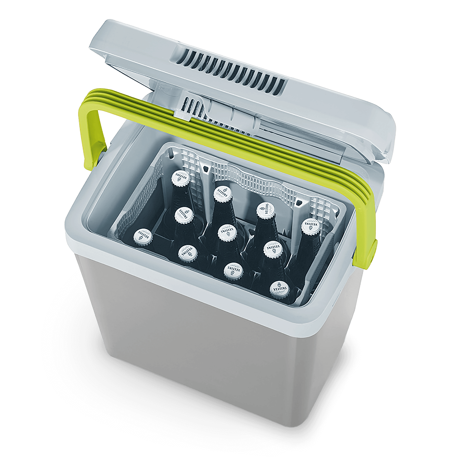 Lodówka z otwartą pokrywą trzymająca butelki piwa, zielony uchwyt, szary wygląd.