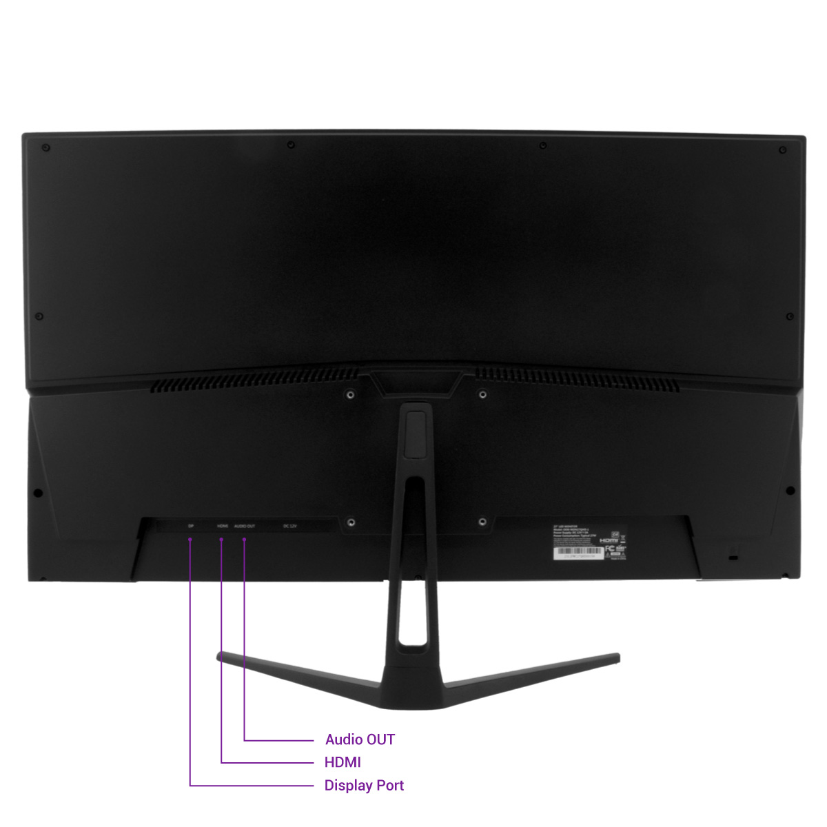Parte trasera de monitor negro con puertos etiquetados: 'Audio OUT', 'HDMI', 'Display Port'.