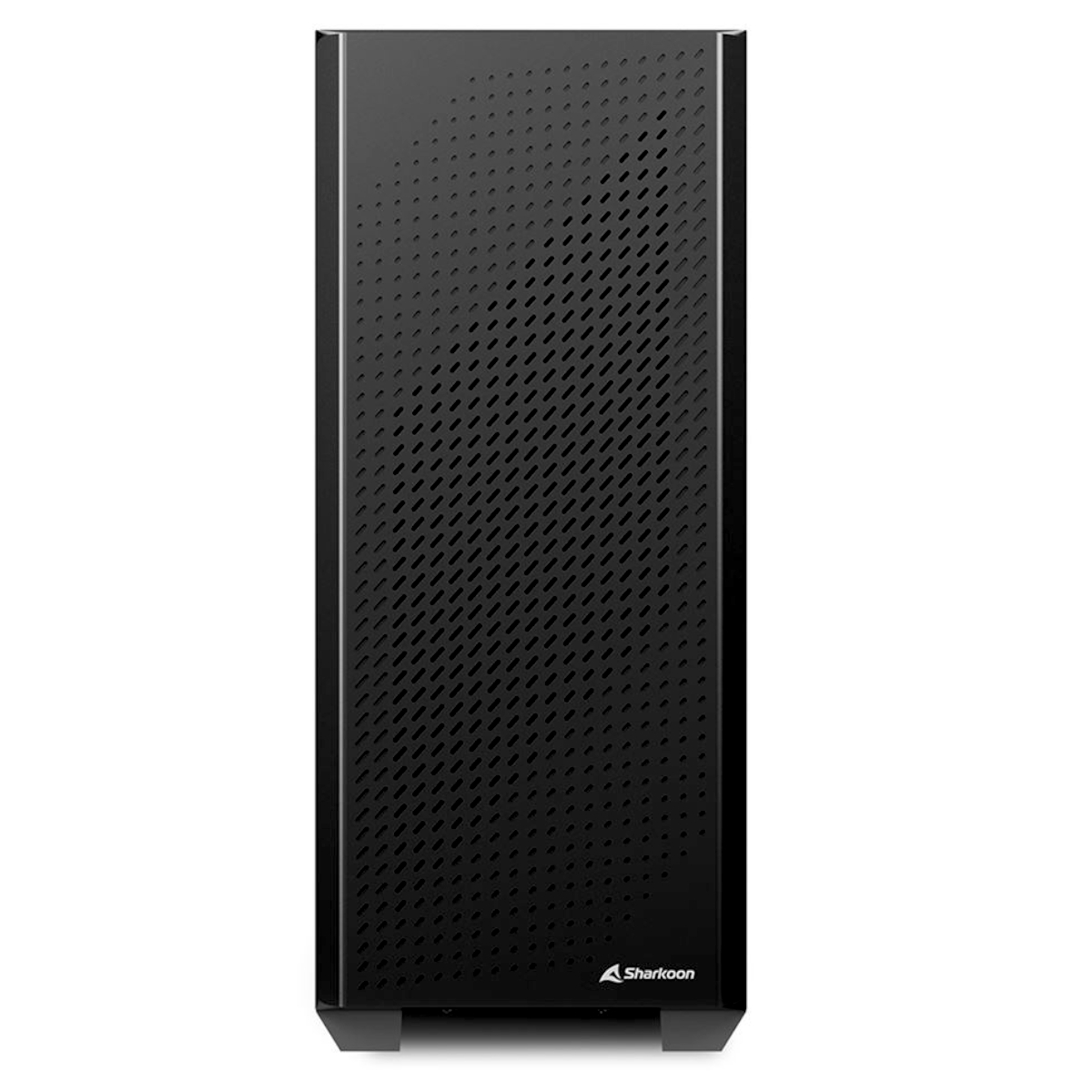 Caja de ordenador negra con panel frontal perforado, logo Sharkoon en la parte inferior.