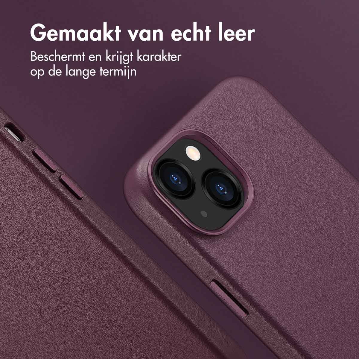 Close-up van een paarse telefoonhoes, die de cameralens beschermt, met tekst.