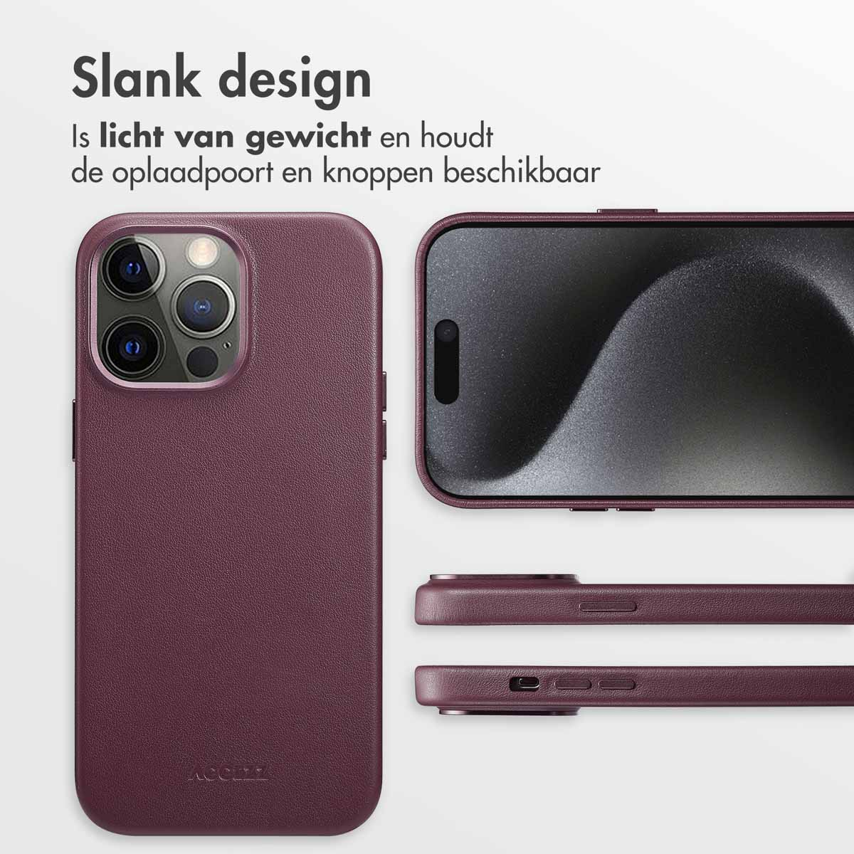Een bordeauxrode telefoonhoes met een telefoon erin. De hoes is van leer.
