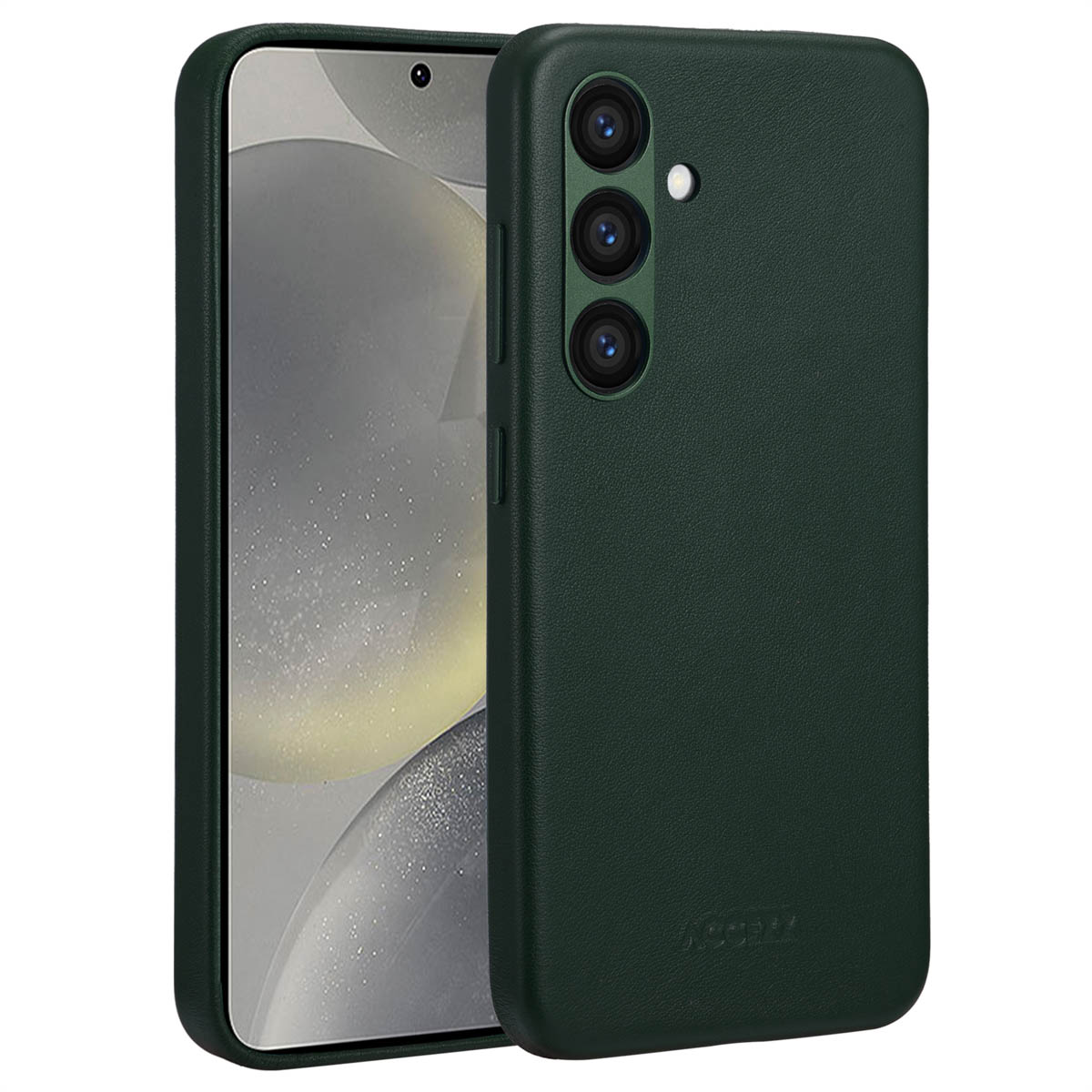 Groene telefoonhoes. Heeft drie cameralaten en een zwarte rand. Op een witte achtergrond.