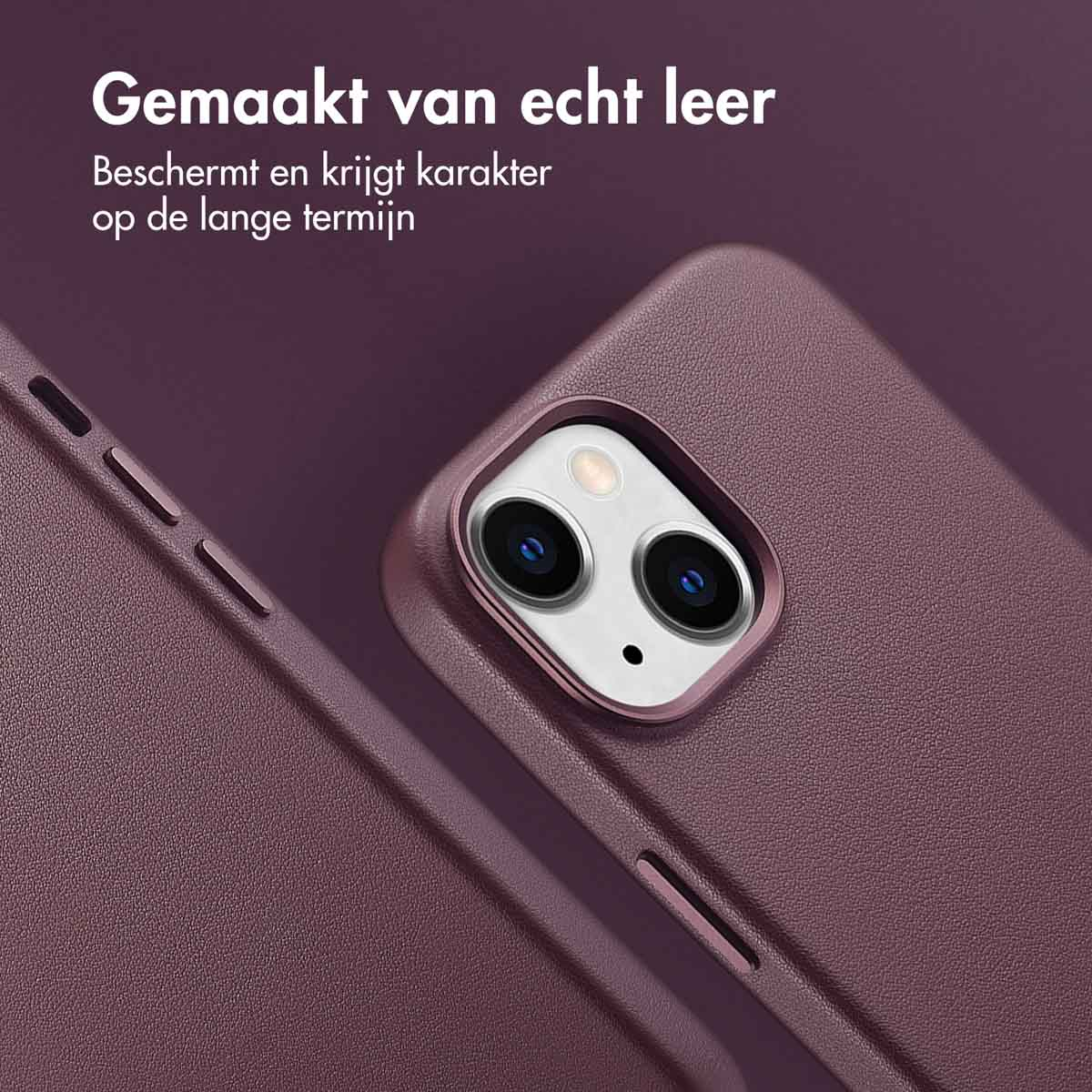 Close-up van een paarse telefoonhoes, die de cameralens beschermt, met tekst.