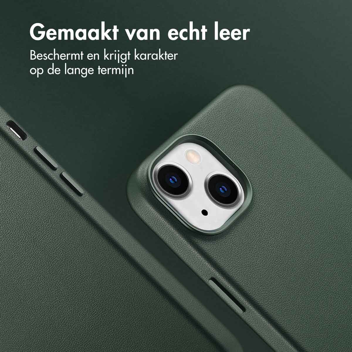 Groene telefoonhoes met tekst. Toont de camera en telefoonfuncties. Witte achtergrond.