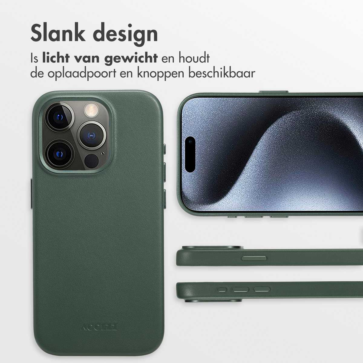 Grüne Handyhülle mit Telefon. Text: Slank design. Zeigt Telefon- und Hüllendetails.