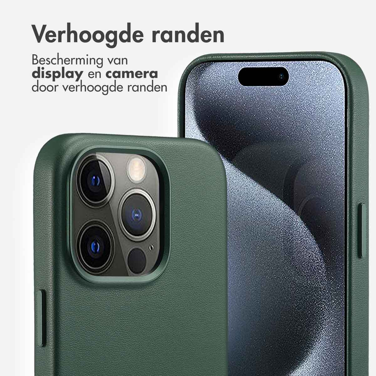 Grüne Handyhülle mit iPhone. Erhöhte Ränder schützen Display und Kamera.