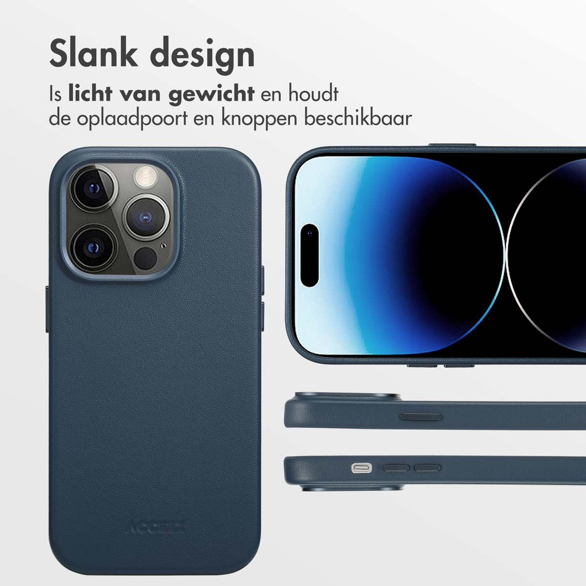 Een blauwe telefoonhoes met een iPhone. De hoes heeft een slank ontwerp en beschermt de zijkanten.