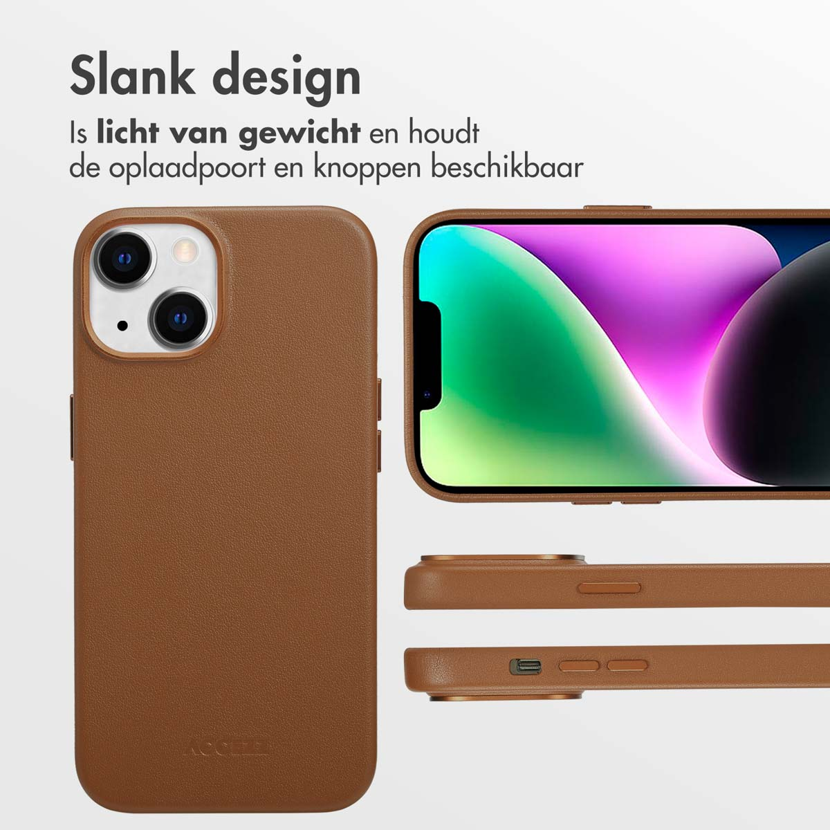 Bruine telefoonhoes met een telefoon erin. Drie afbeeldingen tonen de hoes vanuit verschillende hoeken.