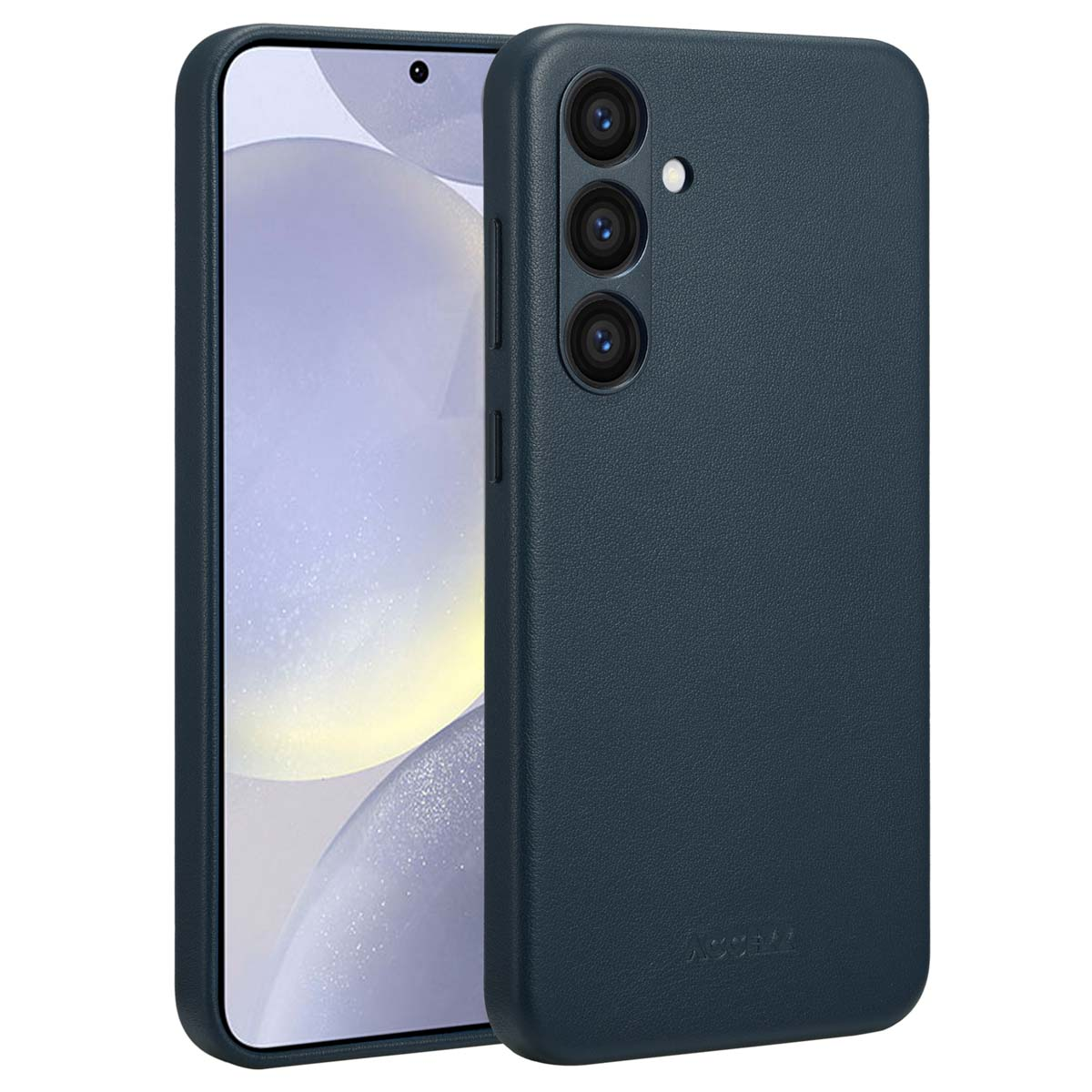 Een blauwe telefoonhoes met drie cameralenzen zichtbaar. Het merk is niet zichtbaar, maar de telefoon is wel zichtbaar.