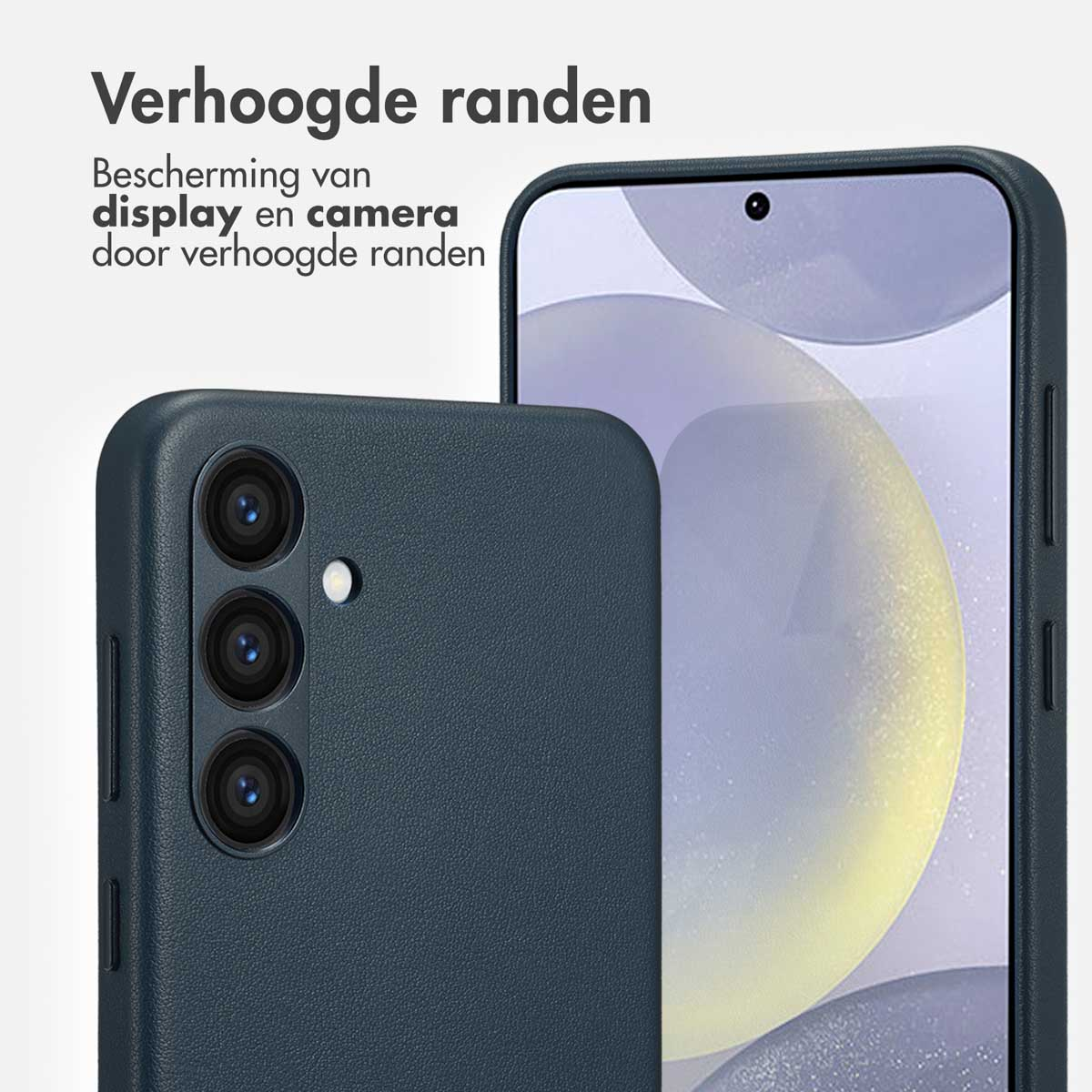 Donkerblauw telefoonhoesje met verhoogde randen voor display en camera.
