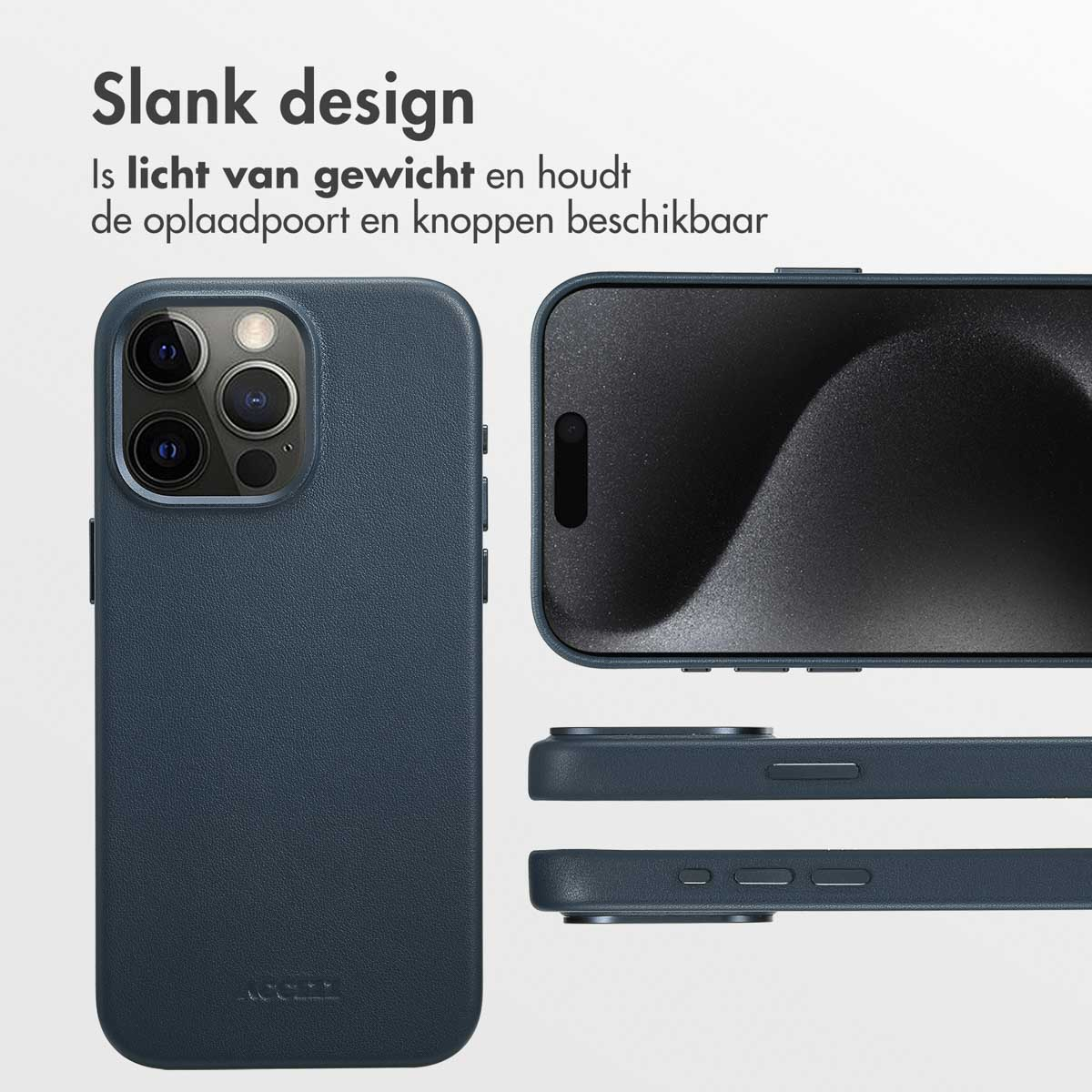 Een donkerblauwe telefoonhoes naast een telefoonscherm. Tekst luidt 'Slank design'. Hoes en scherm tegen een witte achtergrond.
