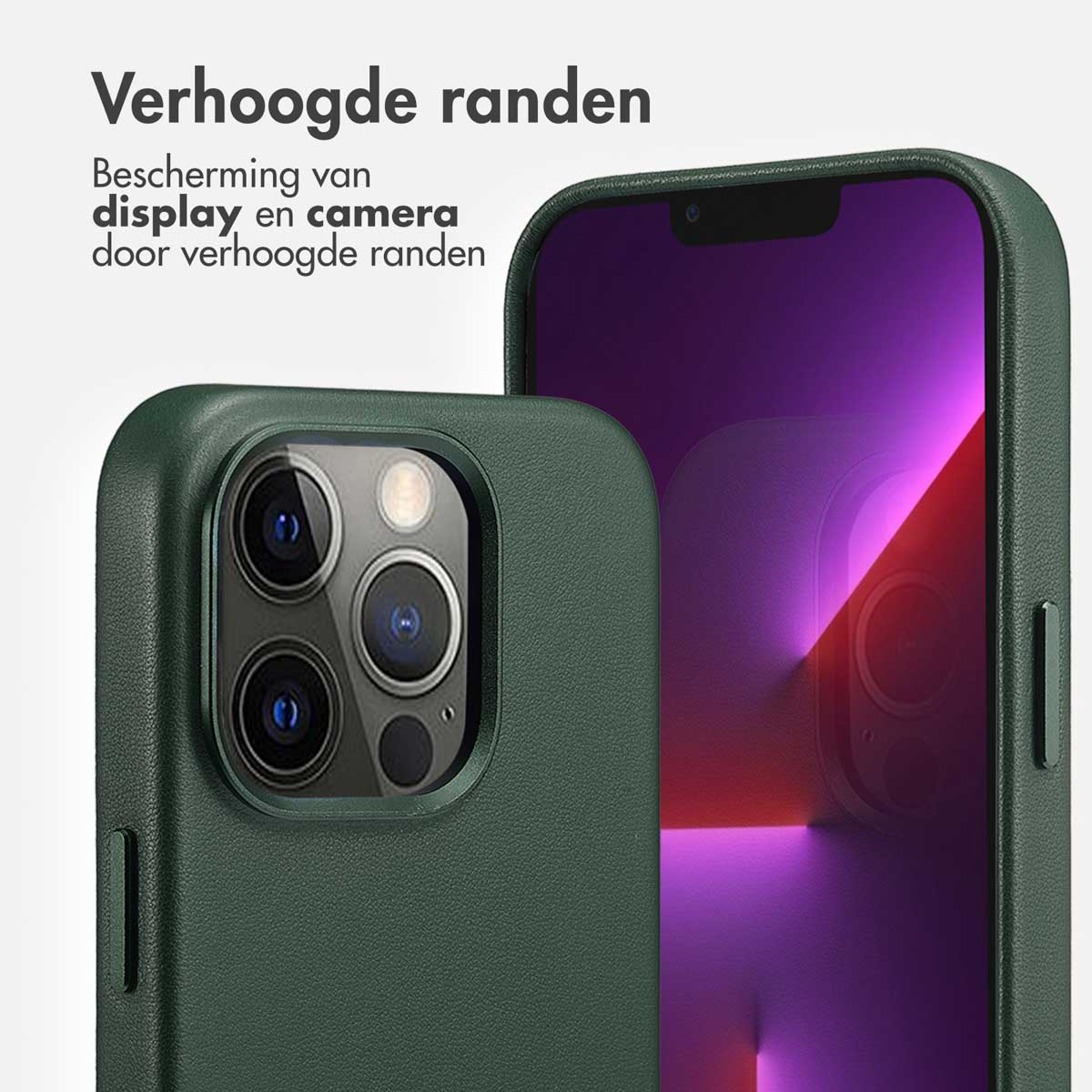 Un étui de téléphone vert avec un téléphone à l'intérieur, texte : "Verhoogde randen".