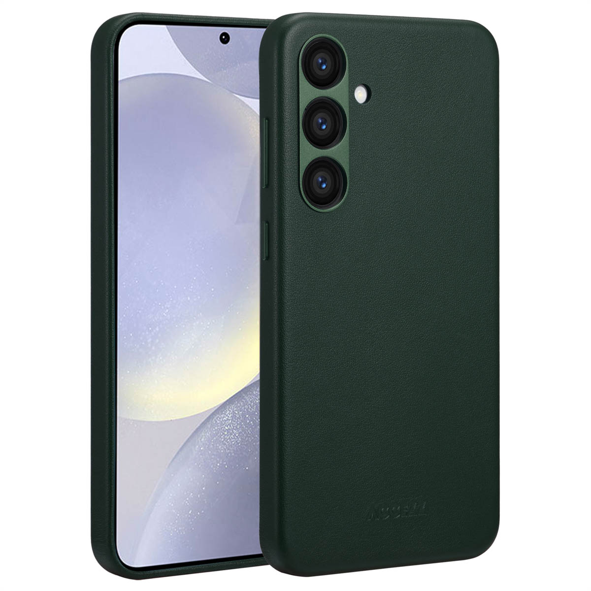 Groene telefoonhoes met drie cameralaten. De hoes staat op een witte achtergrond.