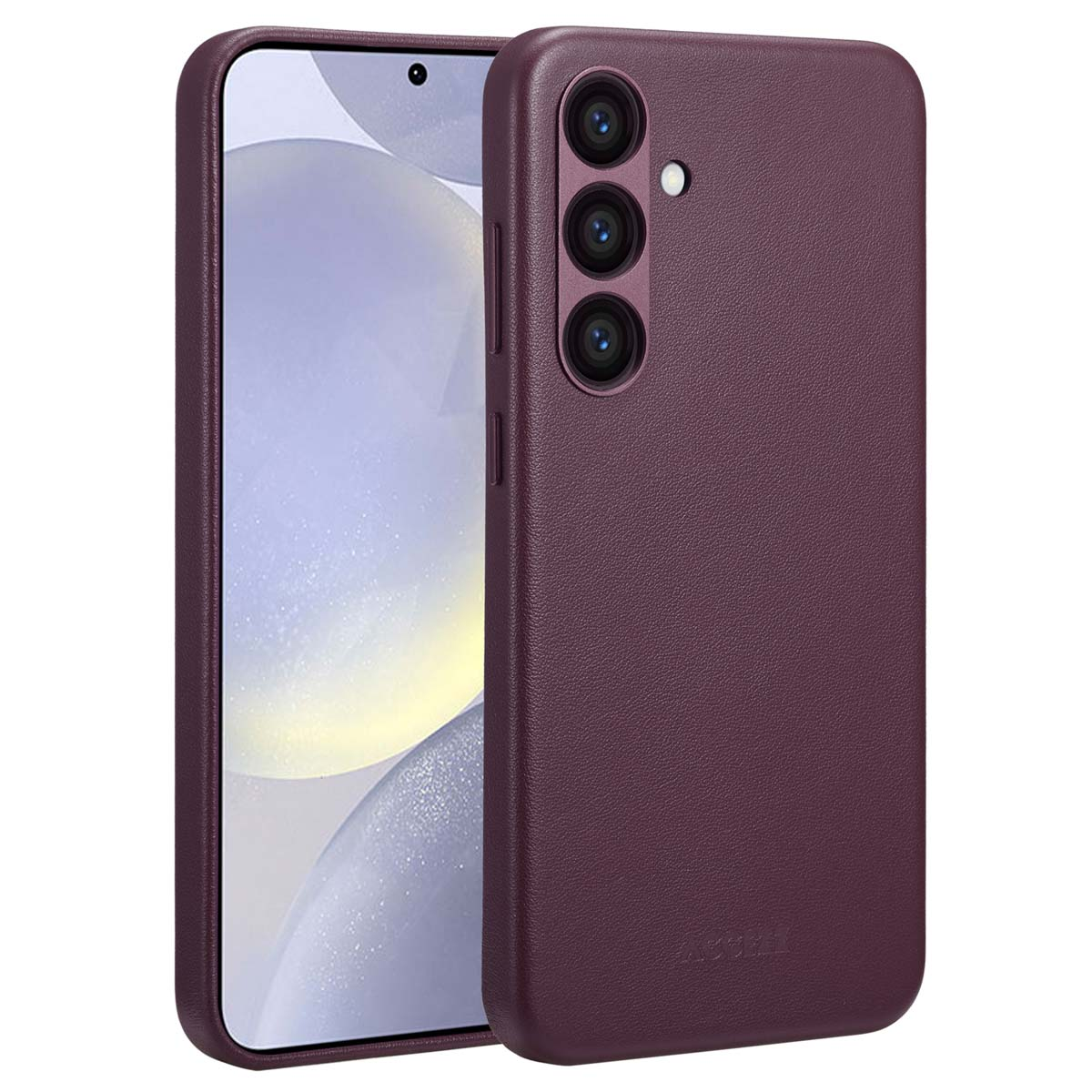 Pruimkleurige telefoonhoes met een telefoon erin. De hoes bevindt zich aan de rechterkant.