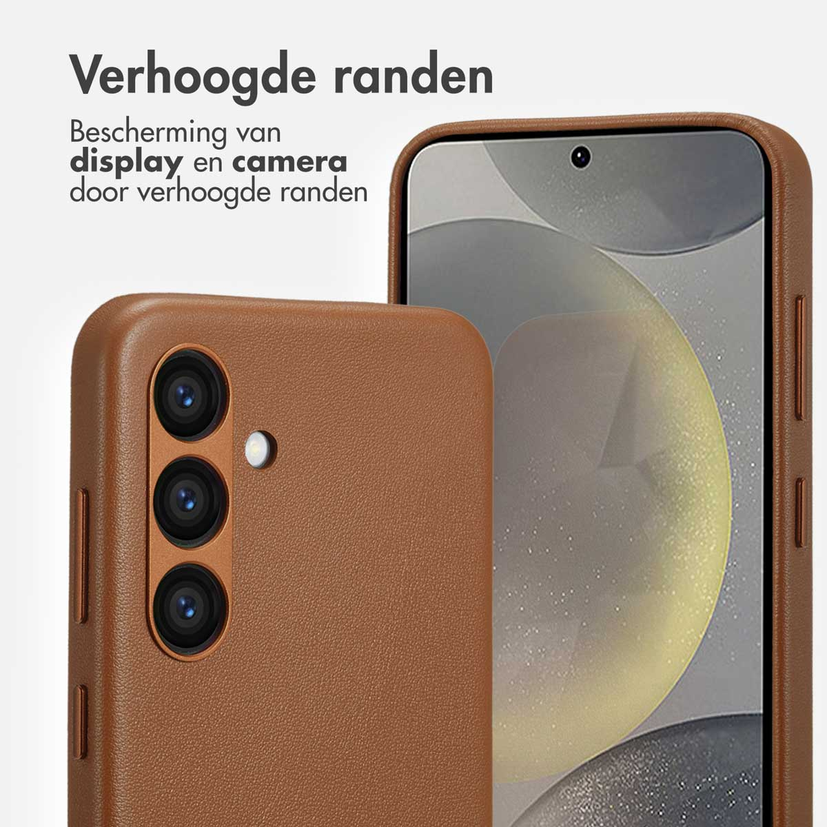 Bruine telefoonhoes met verhoogde randen beschermt camera's en display.