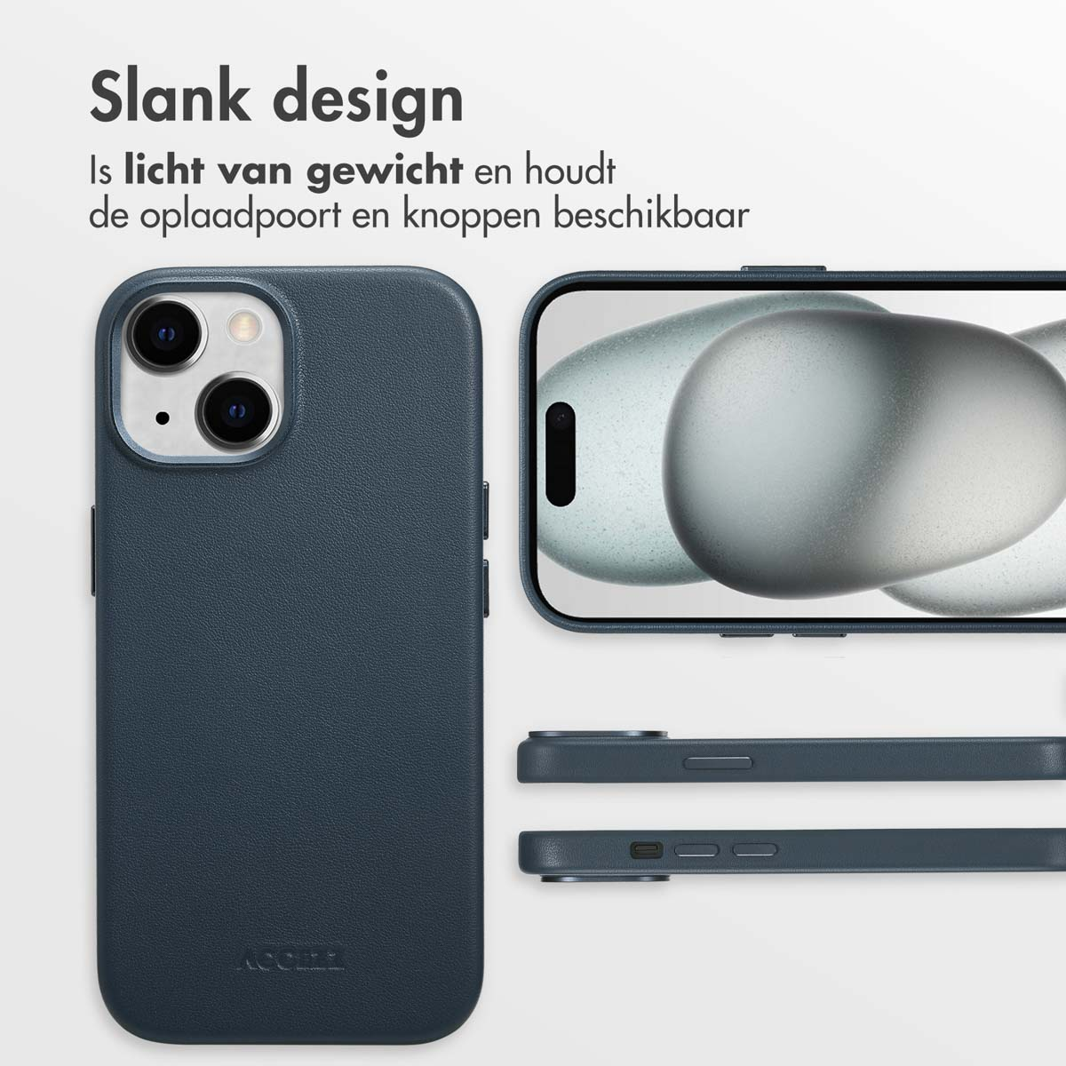 Een blauw telefoonhoesje met een uitsparing voor de camera, dat de achterkant van een telefoon laat zien.