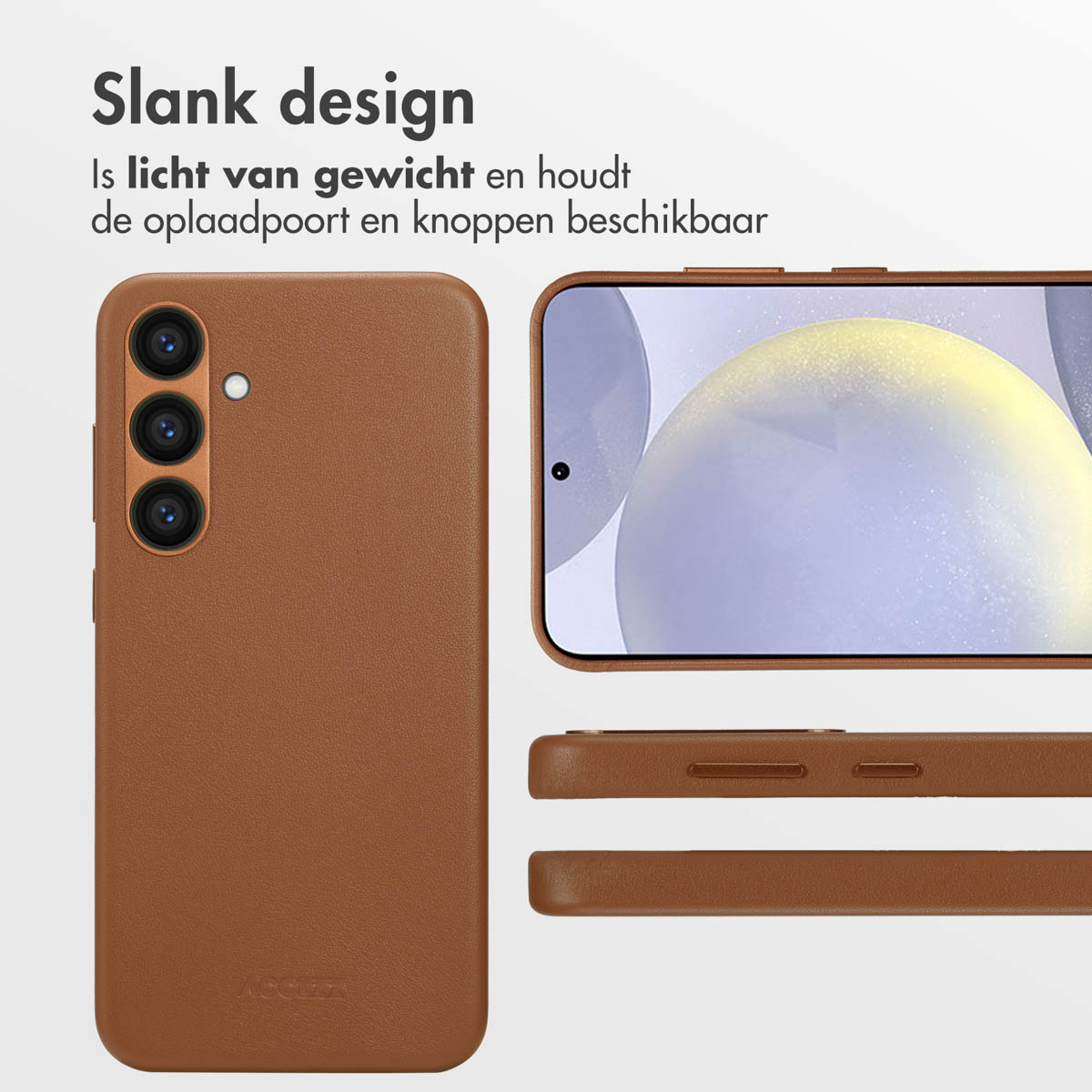 Bruine telefoonhoes met drievoudige cameralens. De telefoon is gedeeltelijk zichtbaar. De hoes is getextureerd.