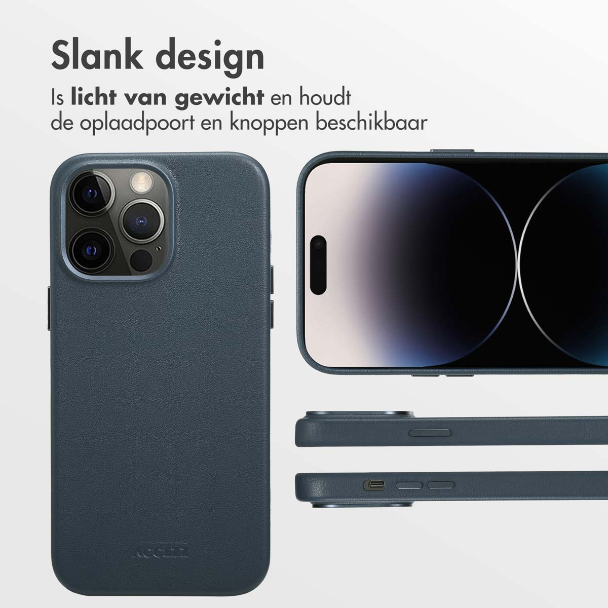 Een donkerblauwe telefoonhoes met een telefoon erin. De hoes is van leer.