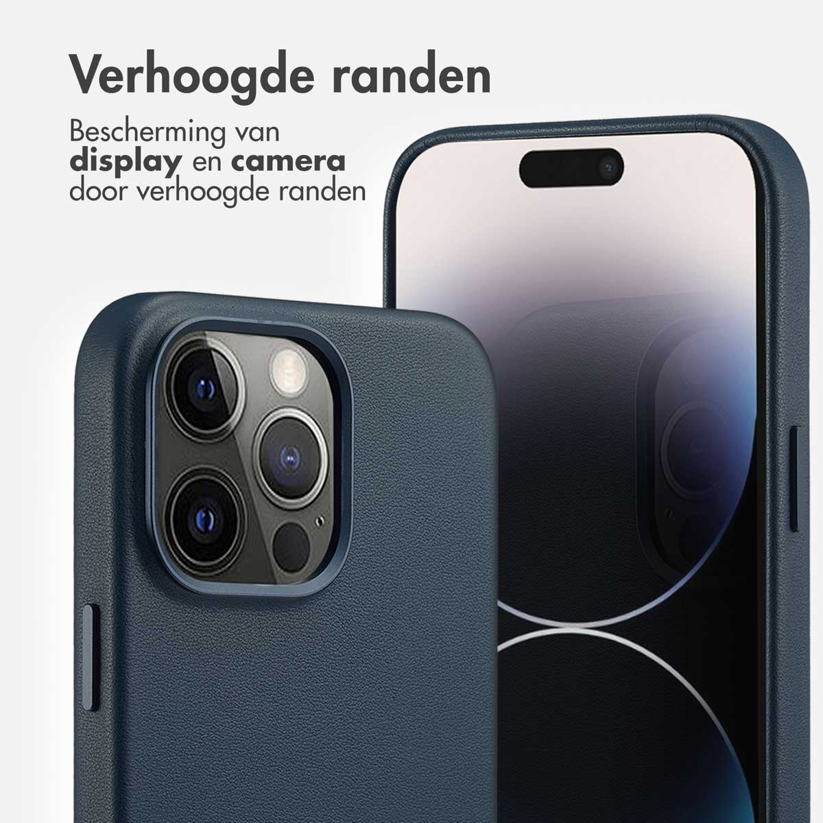 Una custodia blu scuro protegge uno smartphone con bordi rialzati.