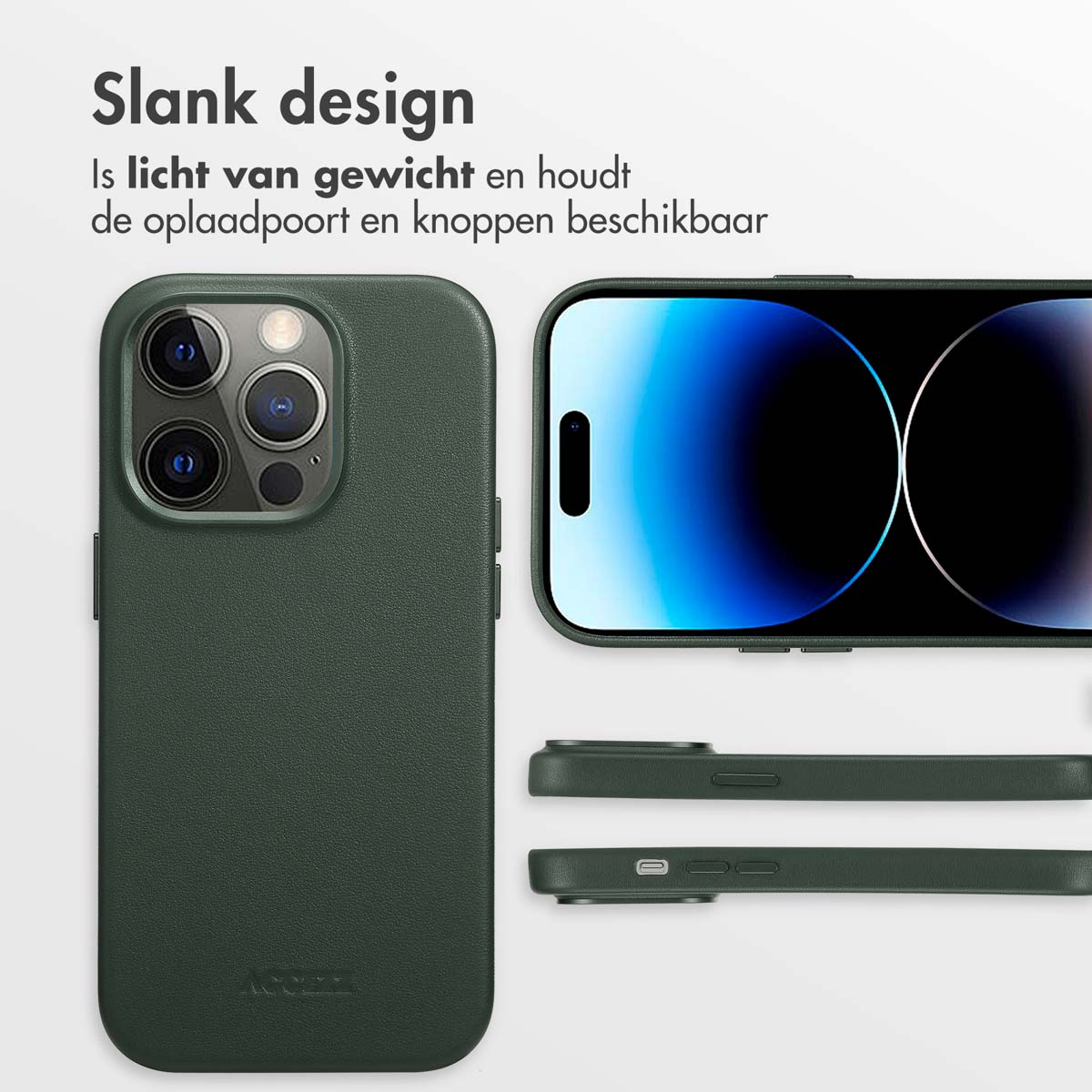 Coque de téléphone vert foncé avec téléphone. Fond blanc.
