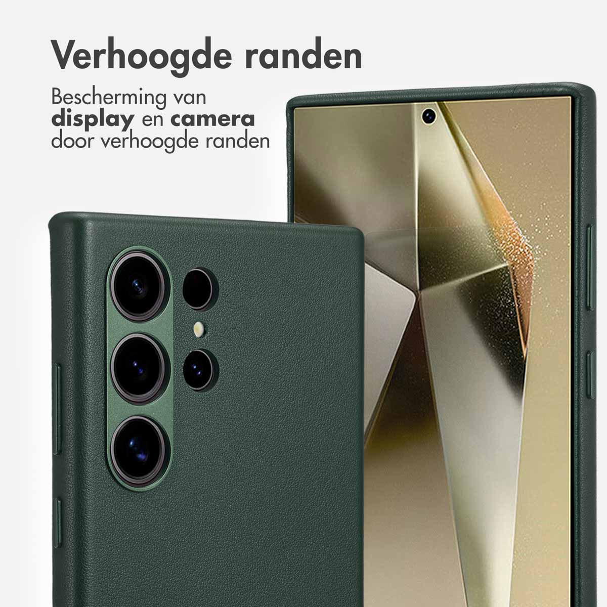 Donkergroene telefoonhoes met cameralenzen en een gedeeltelijk zichtbaar scherm.