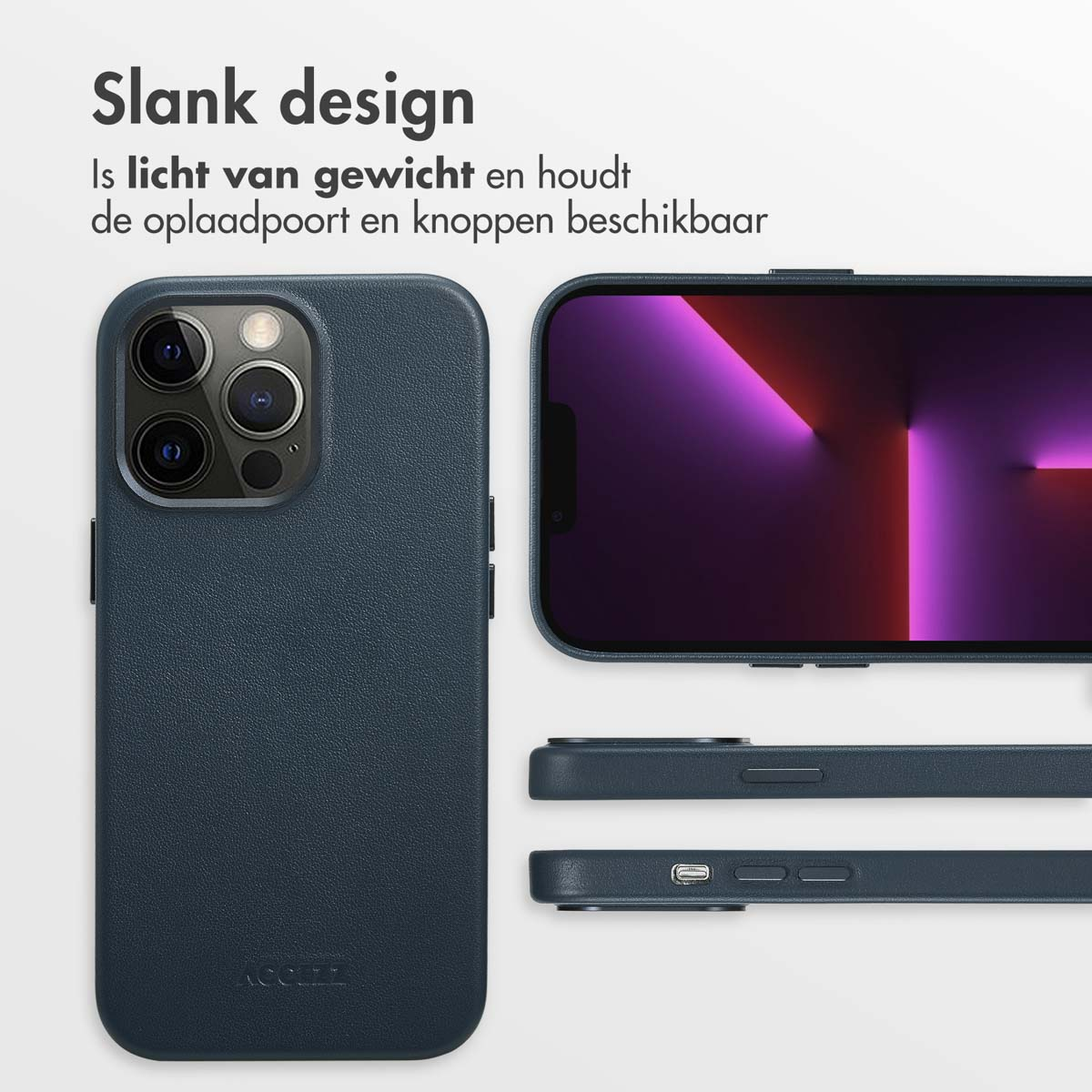 Une coque de téléphone bleue protégeant un téléphone, avec des découpes pour l'appareil photo et les boutons.