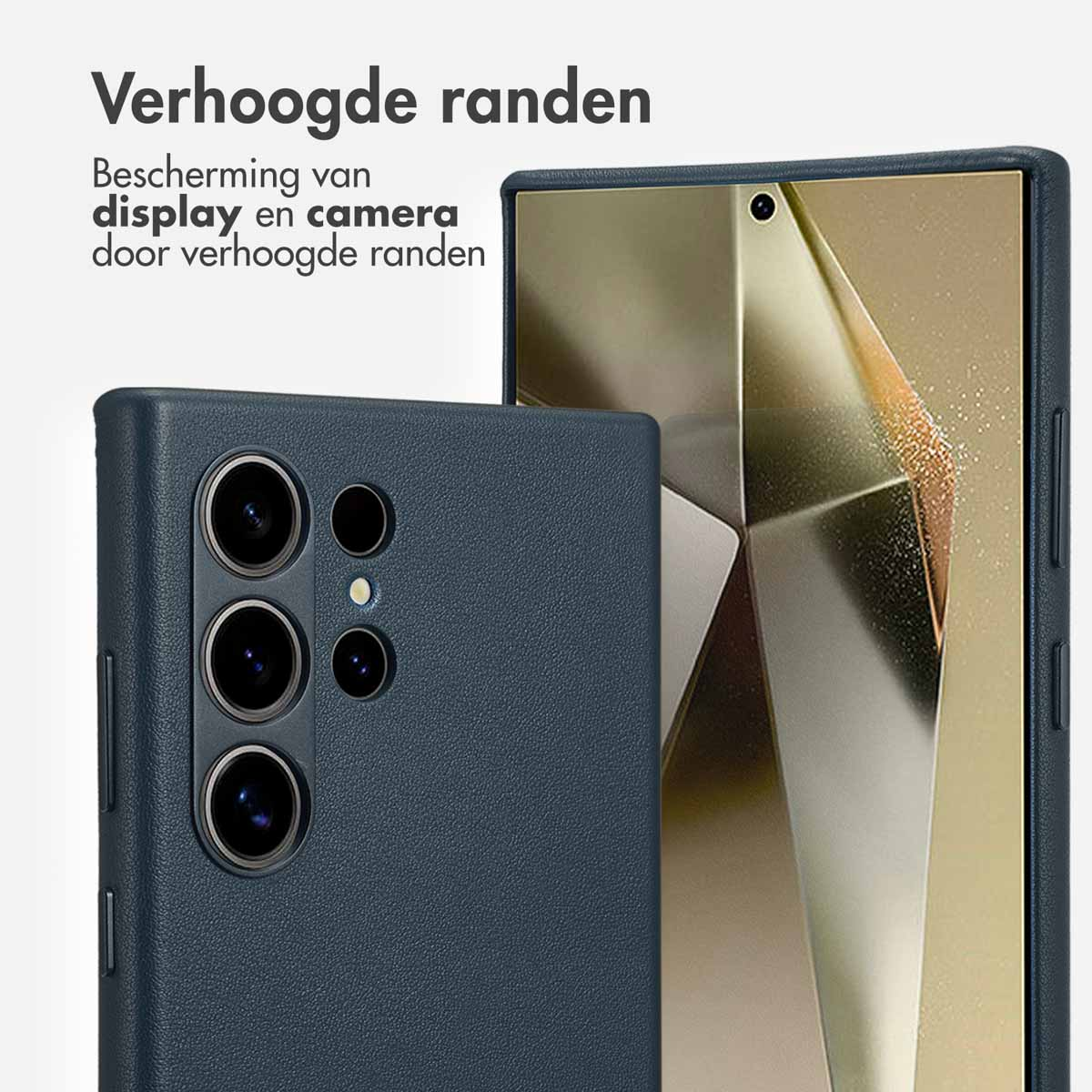 Donkerblauw telefoonhoesje met verhoogde randen voor camera en display.