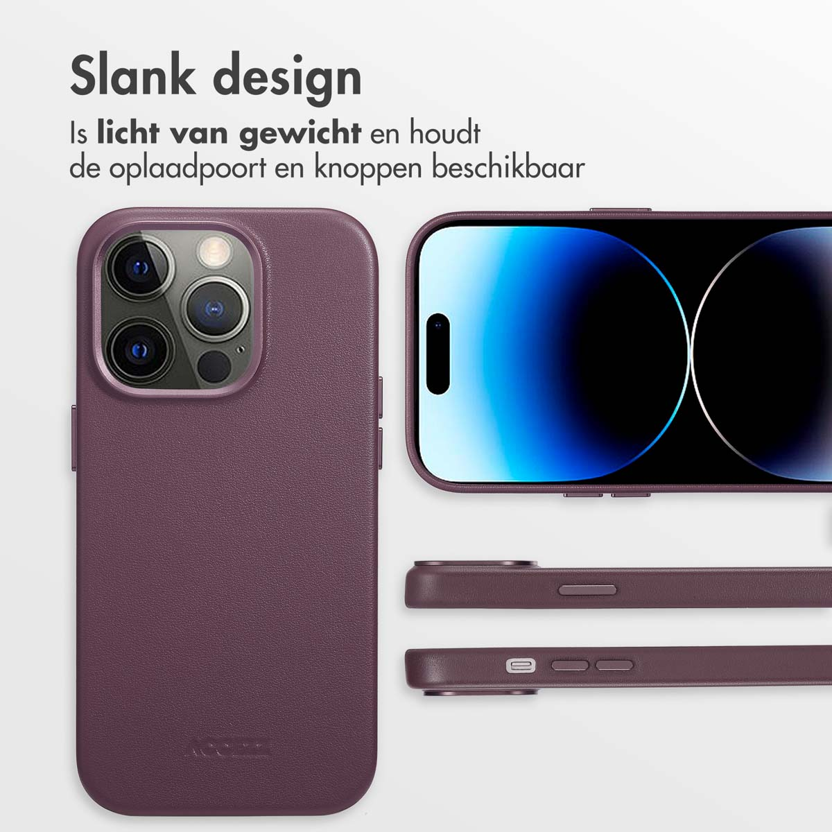 Coque de téléphone violette avec téléphone à l'intérieur. Texte : Slank design. Détails du téléphone et de la coque.