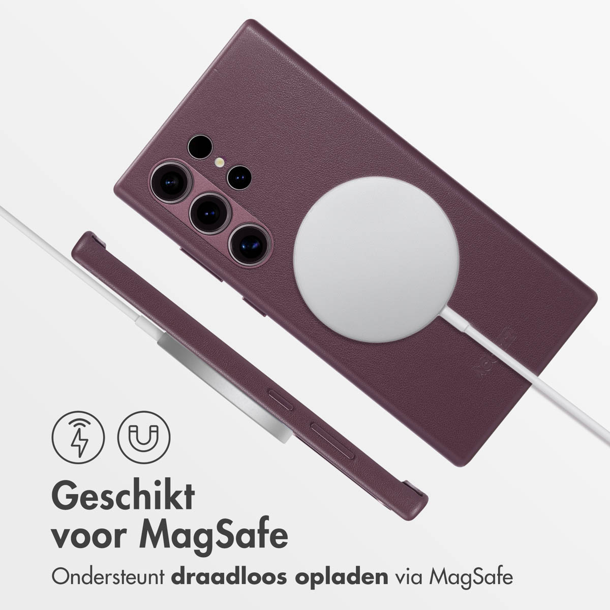 Een paarse telefoonhoes. Een witte cirkel is verbonden met de hoes. De achtergrond is wit. Draadloos opladen.