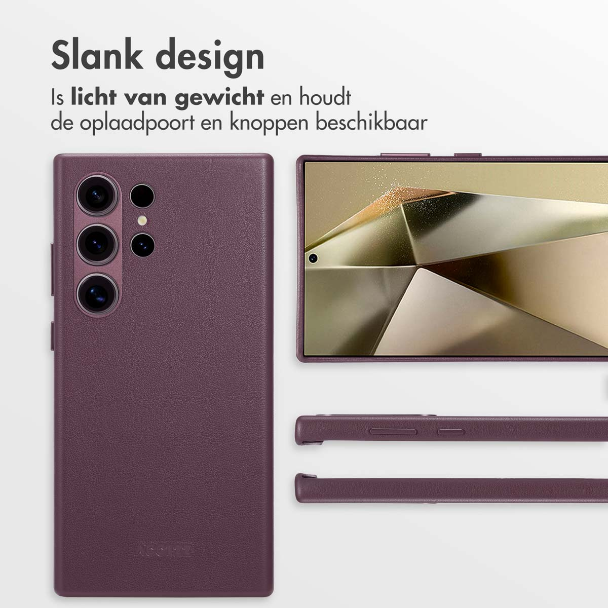 Paarse telefoonhoes, zijkant en bovenaanzicht. Tekst: Slank design, lichtgewicht en knoppen toegankelijk.