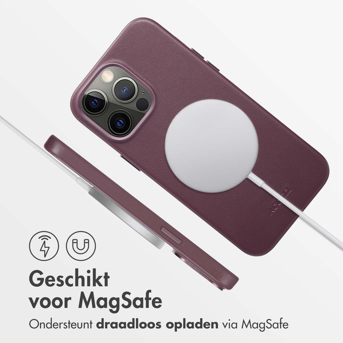 Een paarse iPhone met een witte MagSafe-oplader. Tekst: MagSafe-compatibiliteit.