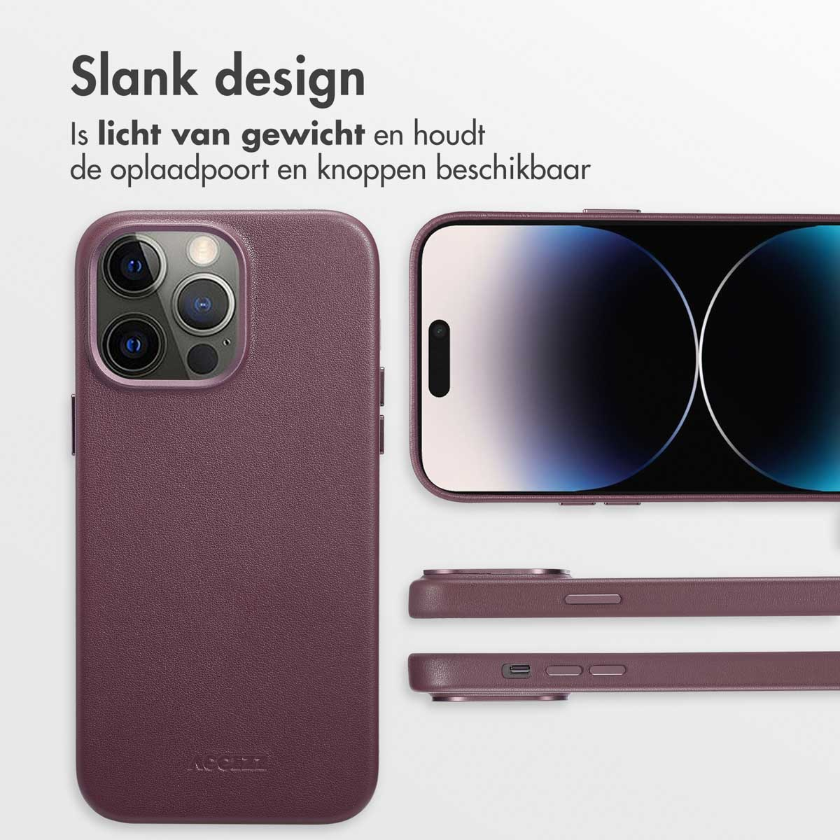 Paarse telefoonhoes met een telefoon. De hoes is effen van kleur en heeft tekst onderaan.