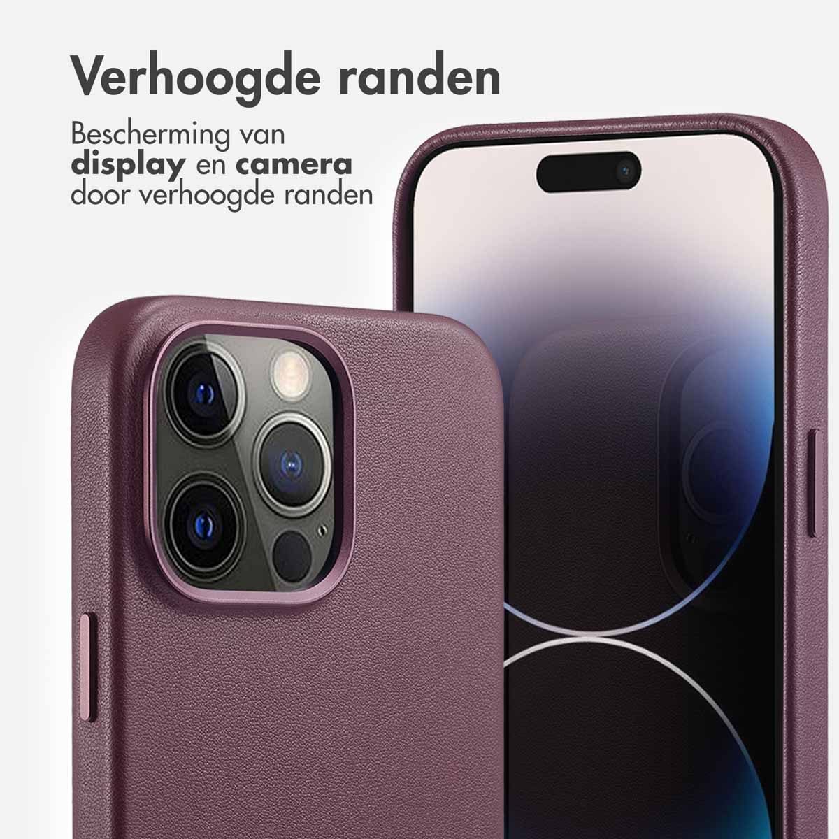 Een pruimkleurige telefoonhoes met een telefoon erin, tekst: "Verhoogde randen".