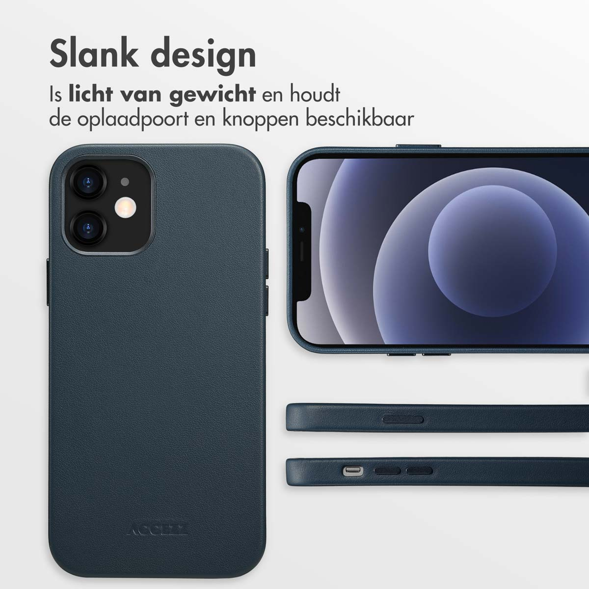 Blauwe telefoonhoes. Telefoon in de hoes. Uitsparingen voor camera, knoppen en poorten.