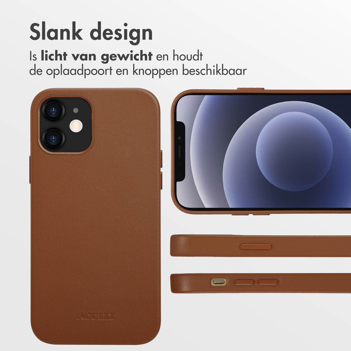 Een bruine telefoonhoes met een telefoon erin. Meerdere weergaven, tekst over het ontwerp.