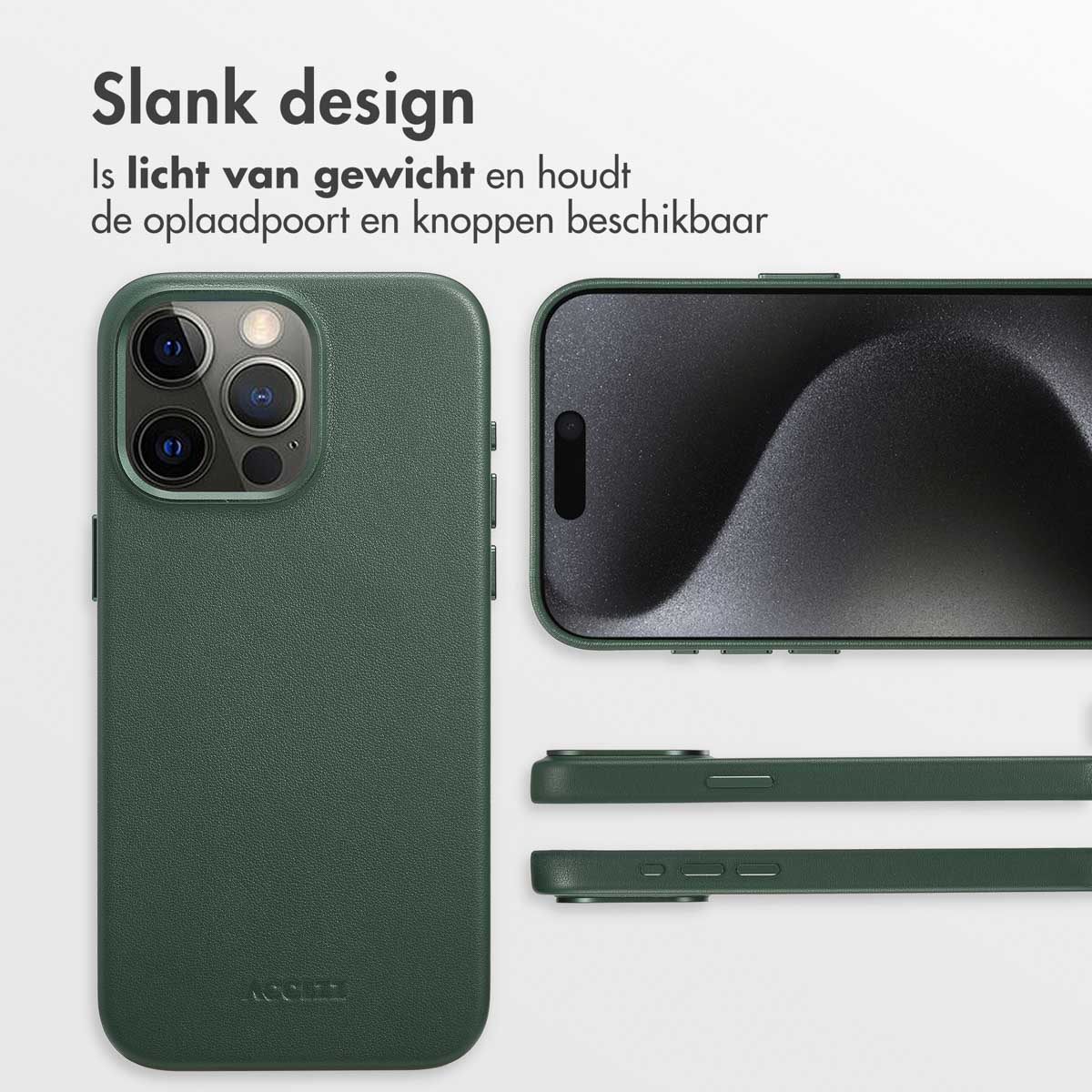 Groene telefoonhoes met een telefoon erin, tekst: "Slank design".