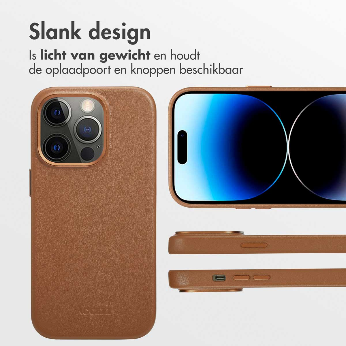 Étui de téléphone marron avec un téléphone à l'intérieur, texte : "Slank design".