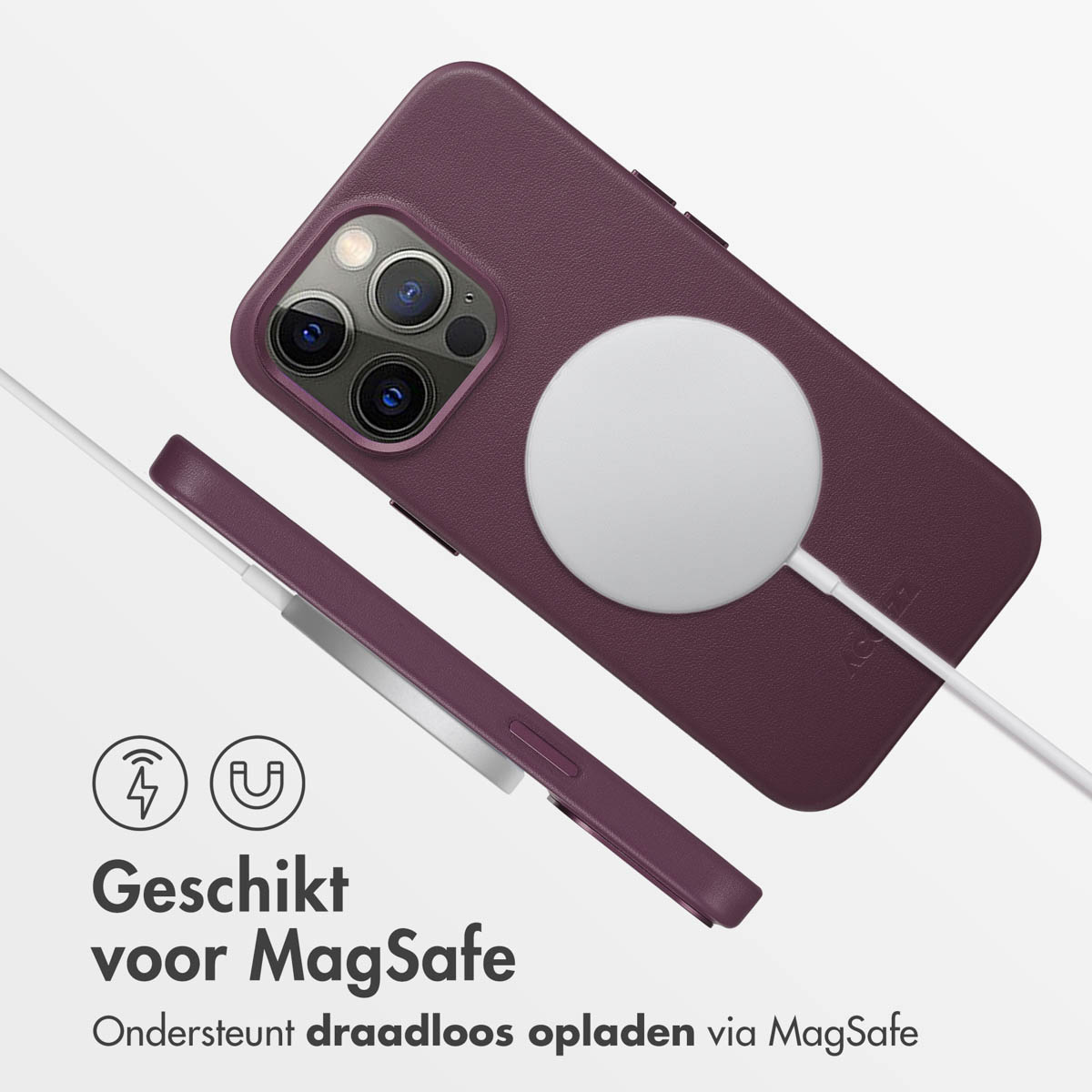 Coque de téléphone violette avec téléphone et chargeur MagSafe. Texte: Convient pour MagSafe. Recharge sans fil via MagSafe.