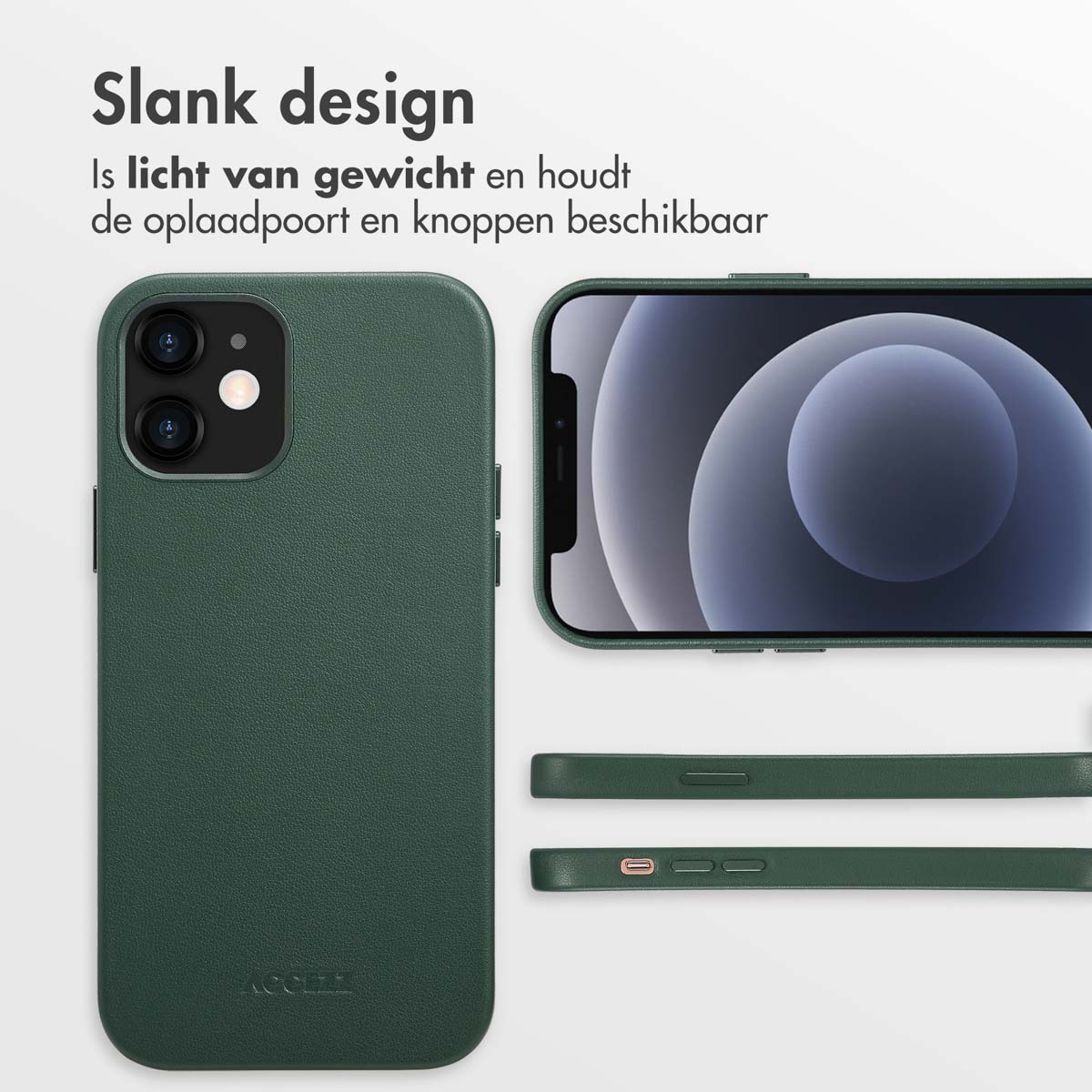 Groene telefoonhoes met telefoon erin, zijaanzicht. Tekst: Slank design. Lichtgewicht en houdt poorten beschikbaar.