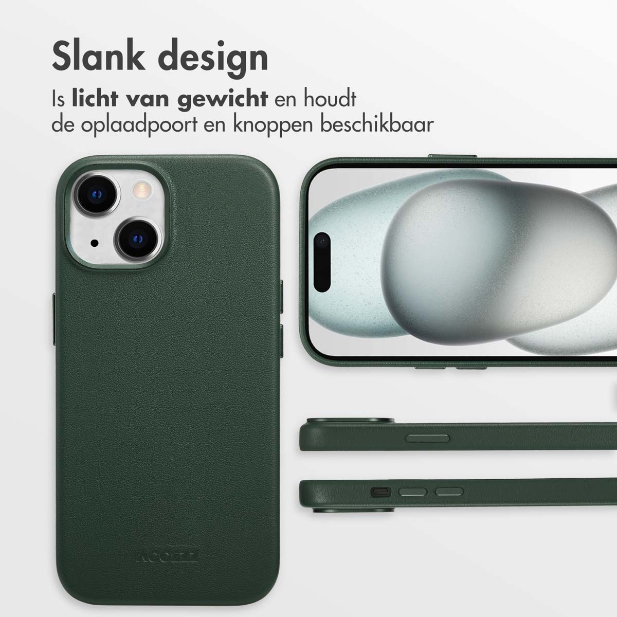 Groene telefoonhoes, zijkant en bovenaanzicht. Tekst: Slank design, lichtgewicht en knoppen toegankelijk.