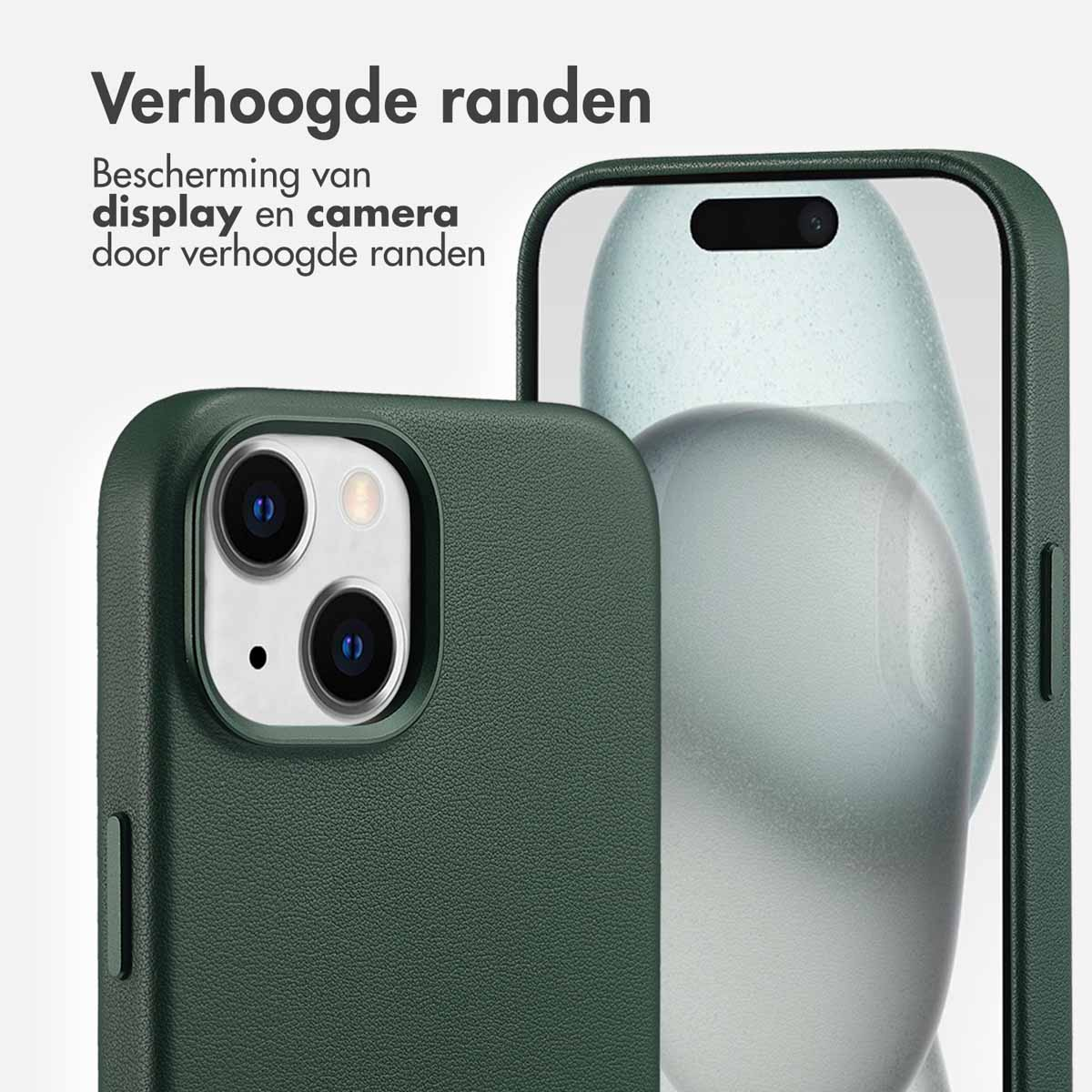 Groene telefoonhoes die de camera en het scherm beschermt. Tekst: 'Verhoogde randen beschermen het scherm en de camera'.