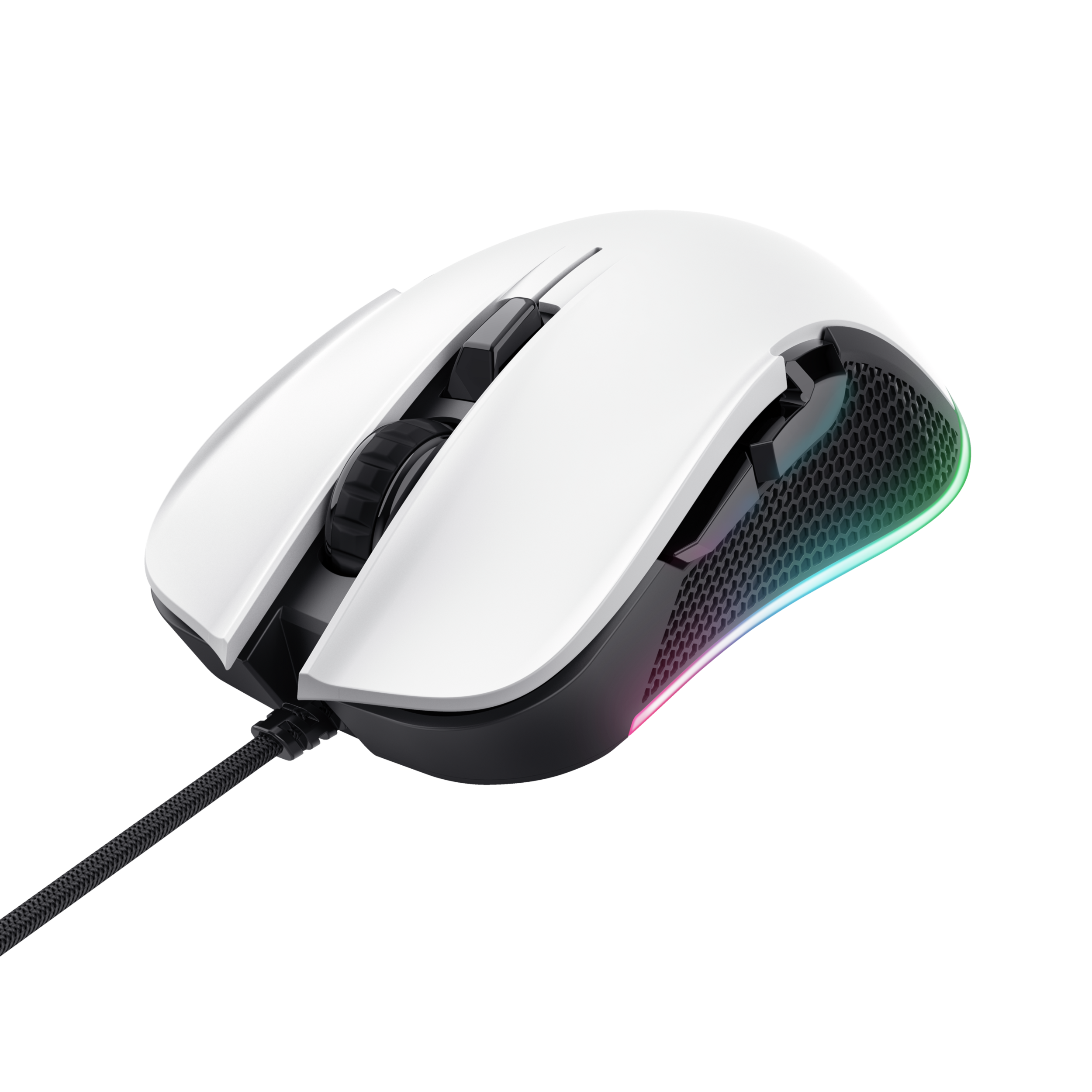 Biała mysz do gier z oświetleniem RGB na czarnej powierzchni.