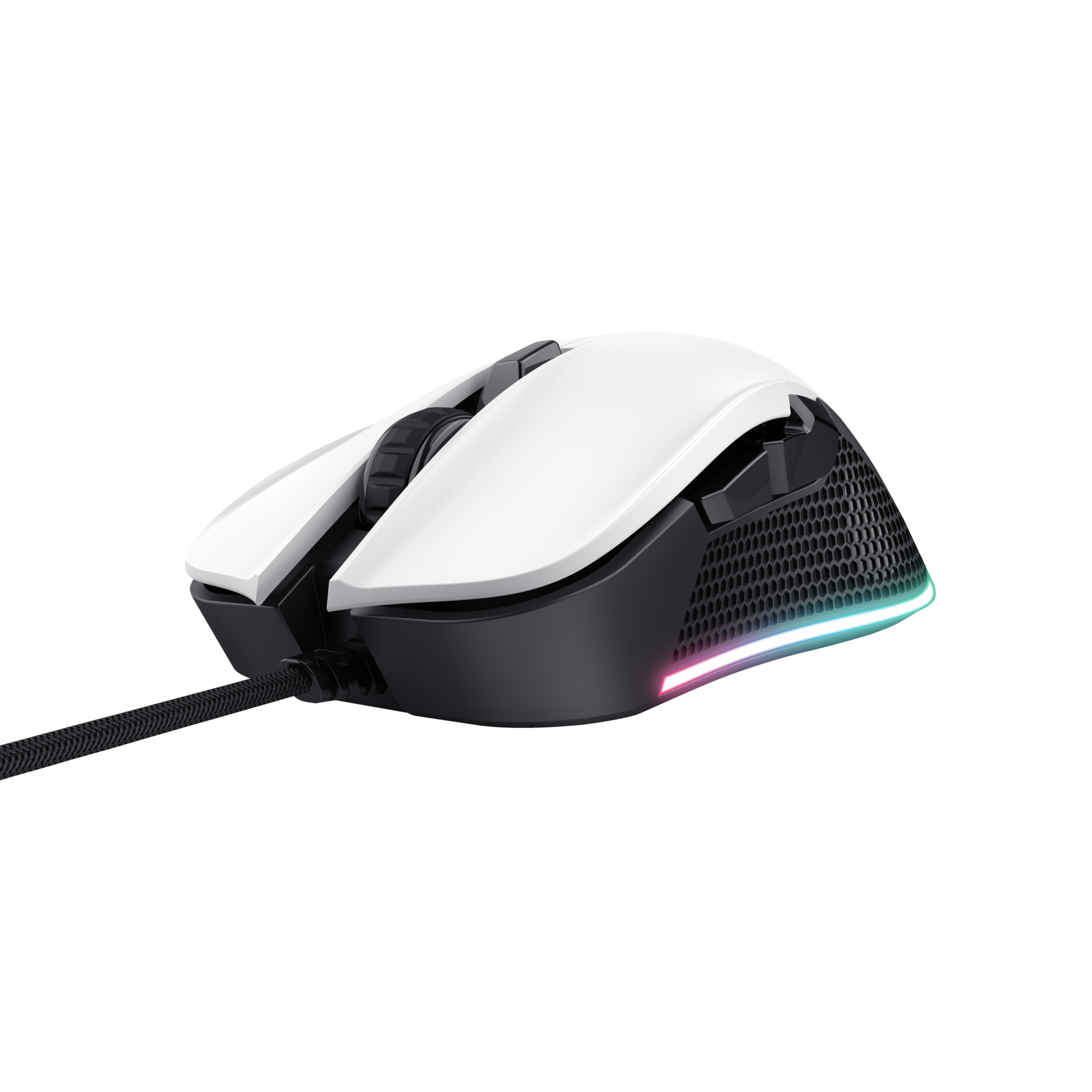 Biało-czarna mysz do gier z podświetleniem RGB na czarnej powierzchni.