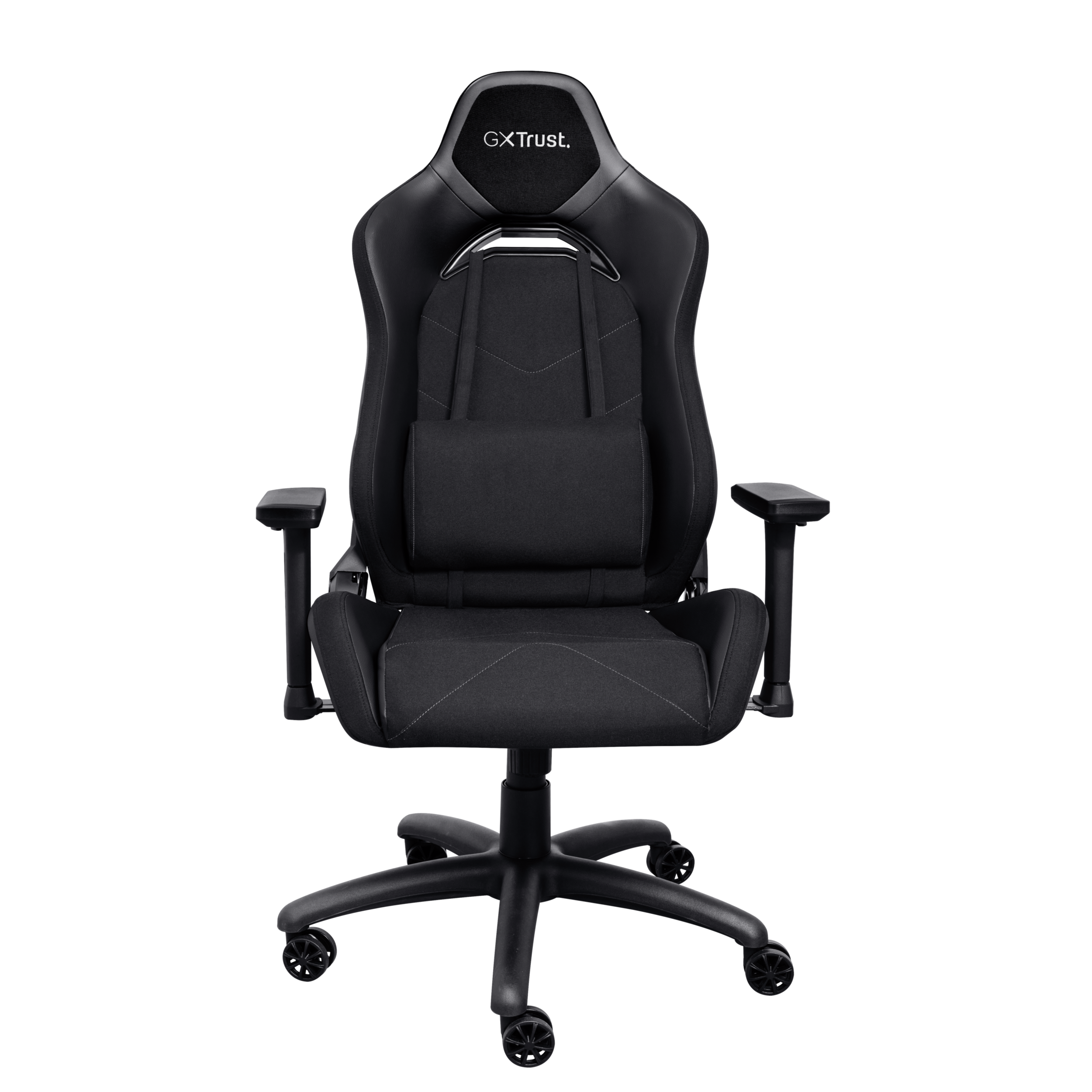 Ein schwarzer und grauer Gaming-Stuhl mit Kopfstütze, Lendenwirbelstütze und Armlehnen auf schwarzem Hintergrund.