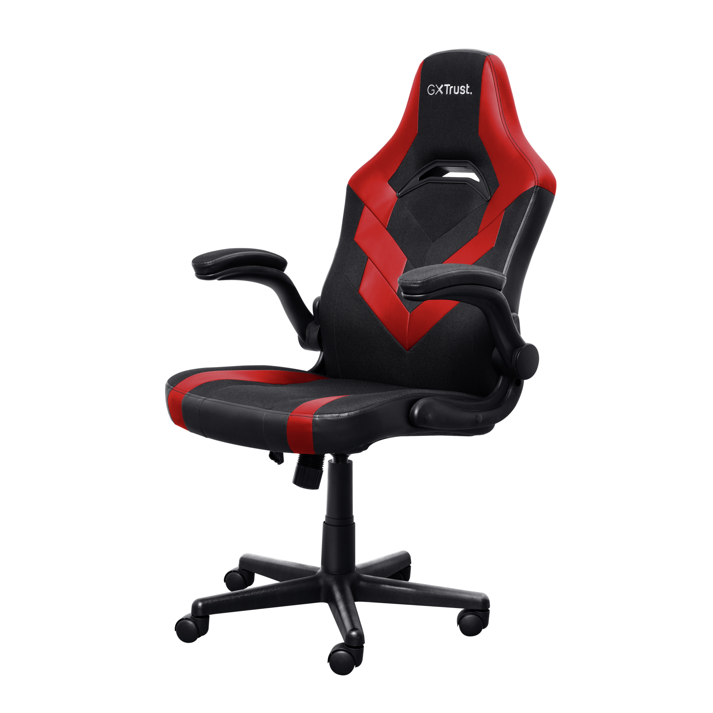Gamingstoel met zwart en rood ontwerp, zwarte basis en een zwarte achtergrond.