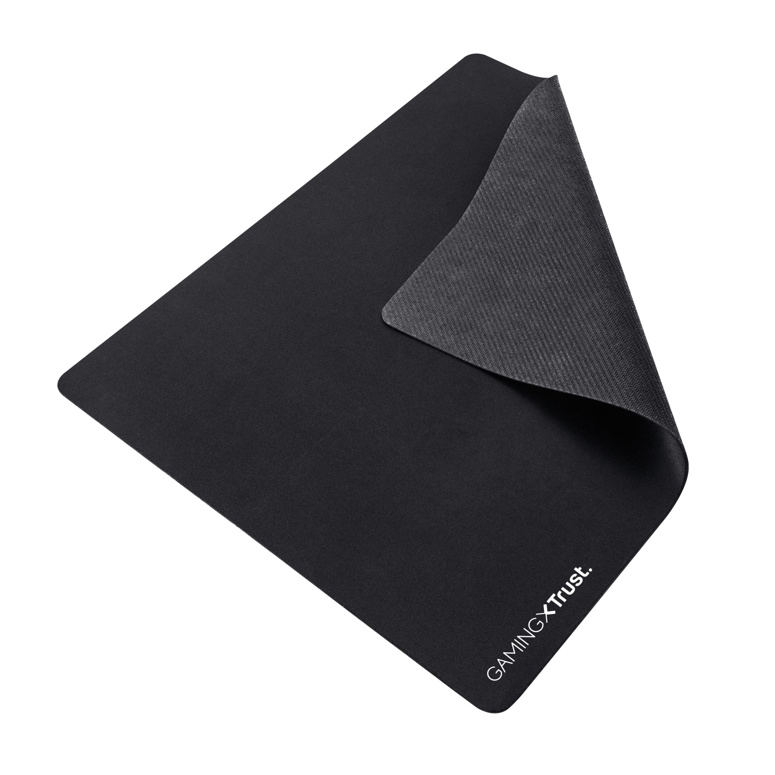 Czarna podkładka pod mysz, powierzchnia do góry, z zagiętym rogiem, ukazującym fakturę spodu.