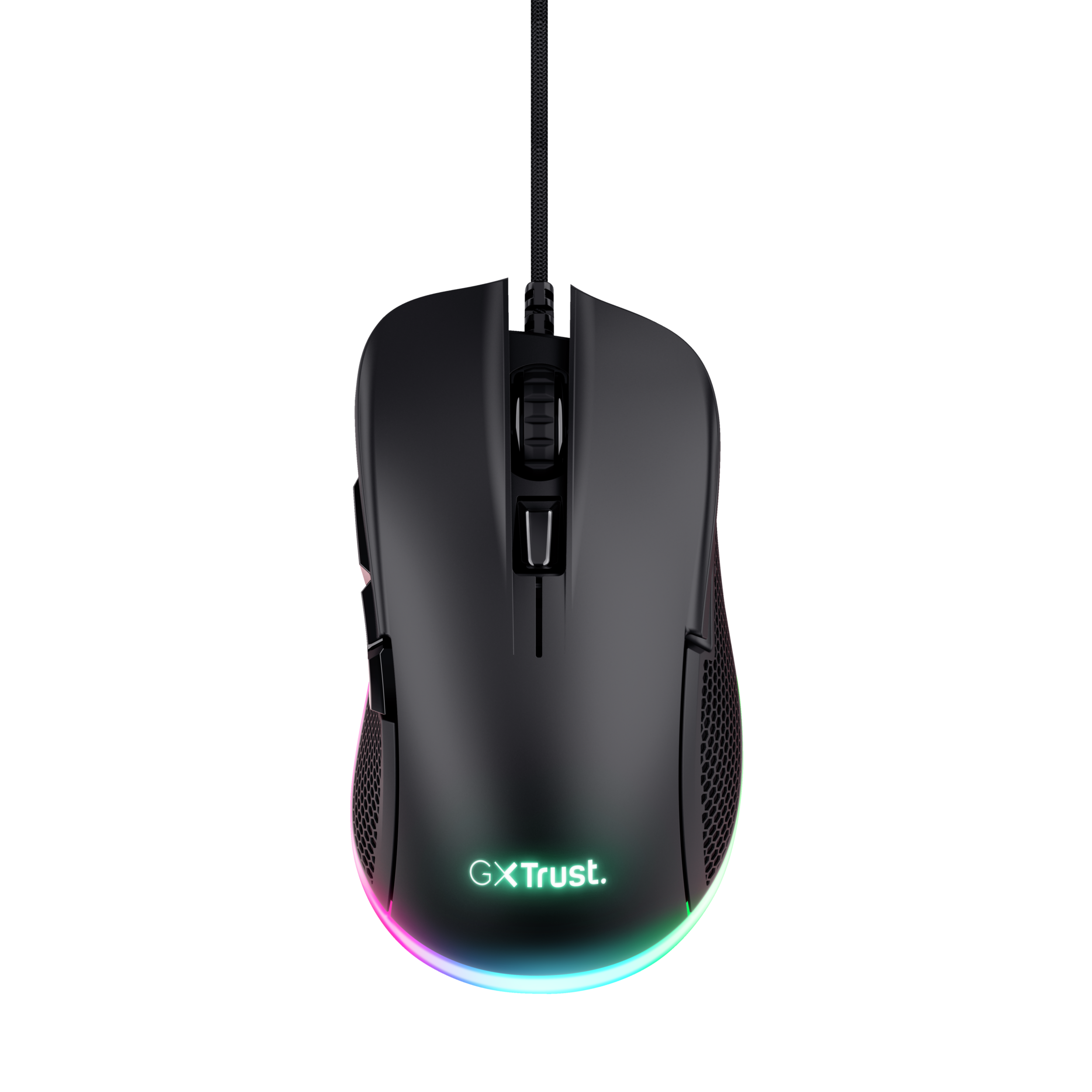 Zwarte computermuis met een gloeiend veelkleurig licht aan de onderkant. Knoppen en scrollwiel.