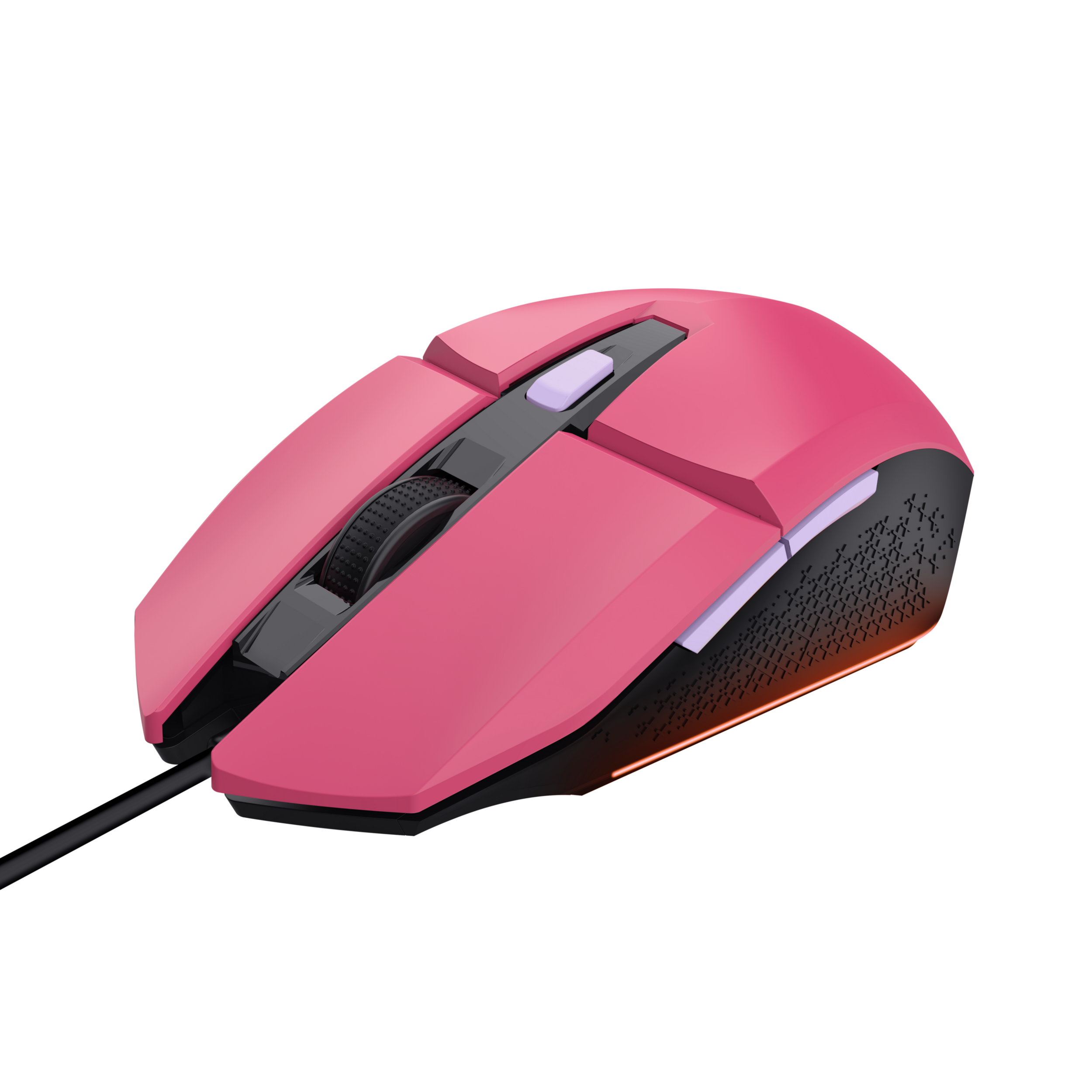 Różowa mysz do gier z kółkiem przewijania i przyciskami oraz czarną podstawą, na czarnym tle.