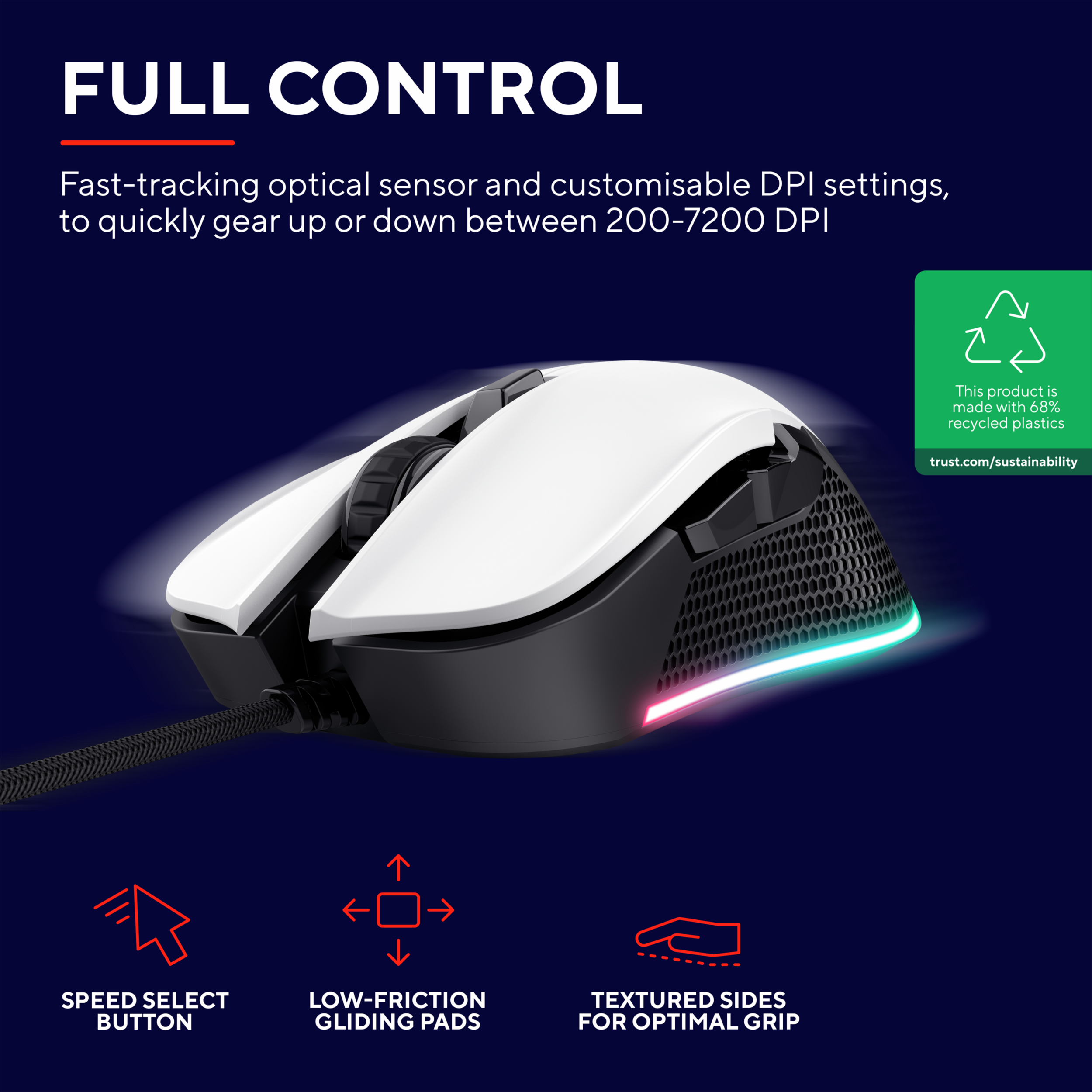 Biało-czarna mysz gamingowa z podświetlanymi krawędziami. Przycisk wyboru prędkości, podkładki ślizgowe i uchwyt.