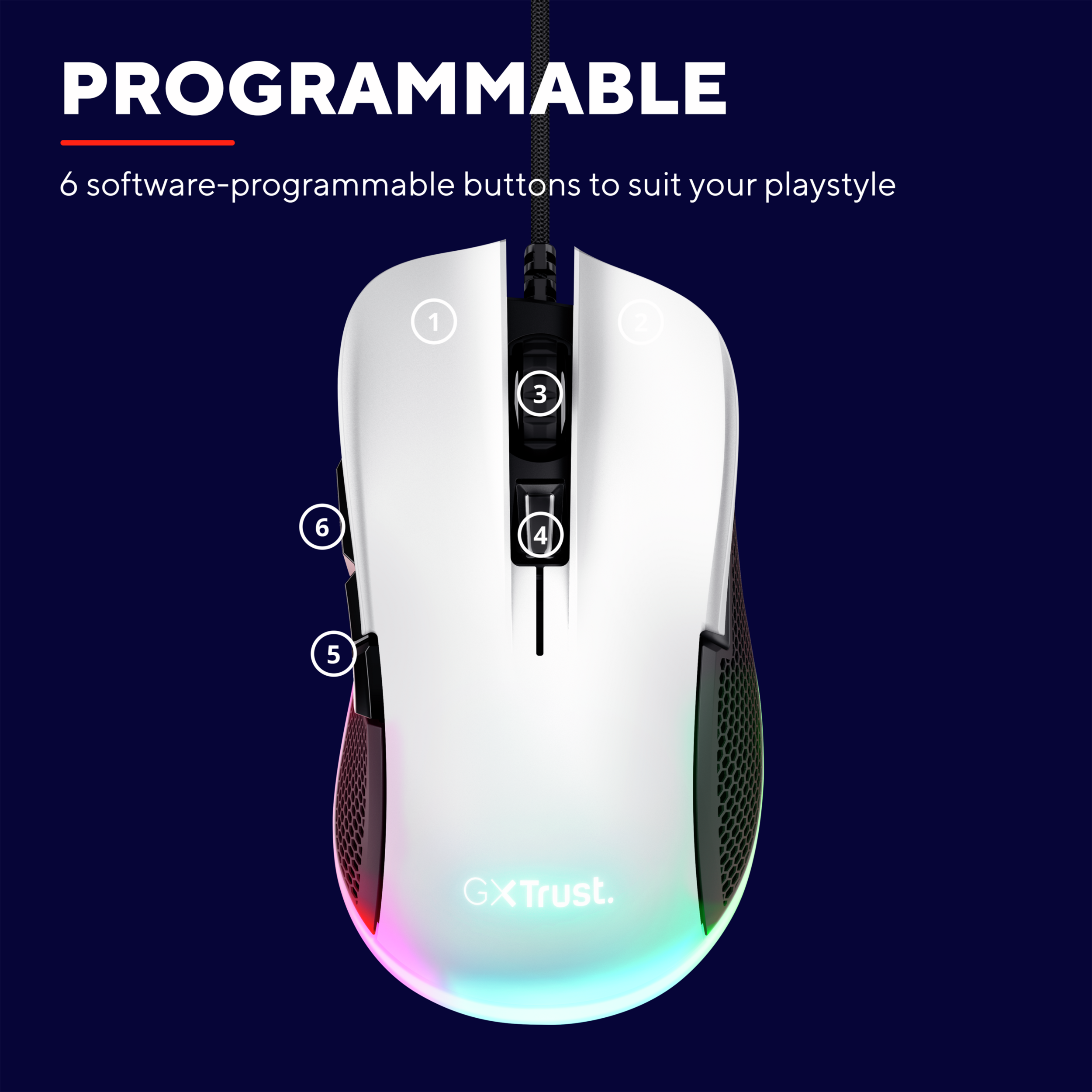 Biała mysz do gier z sześcioma programowalnymi przyciskami i efektem świetlnym.